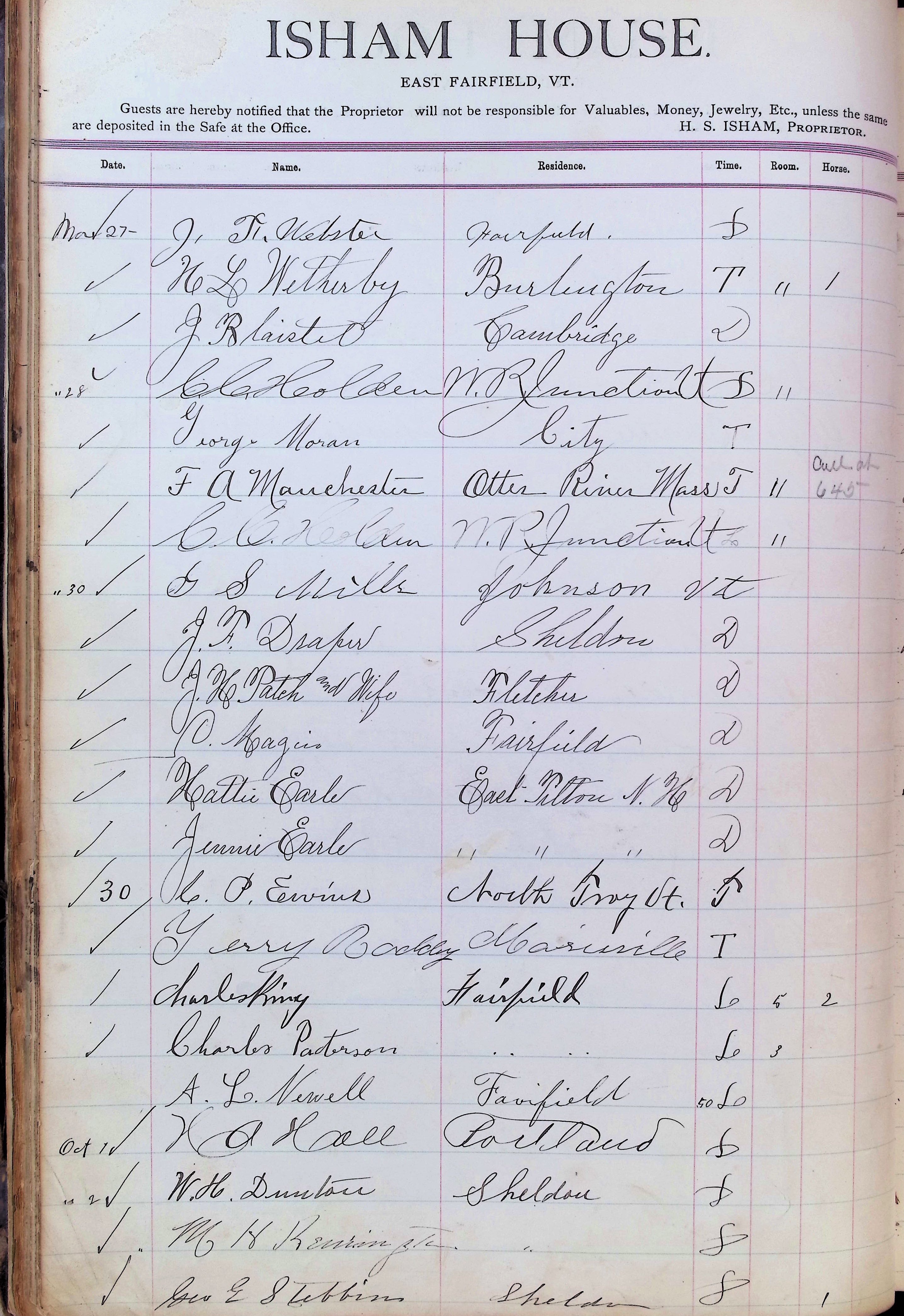 Isham Hotel register Vol. 3, Page 36