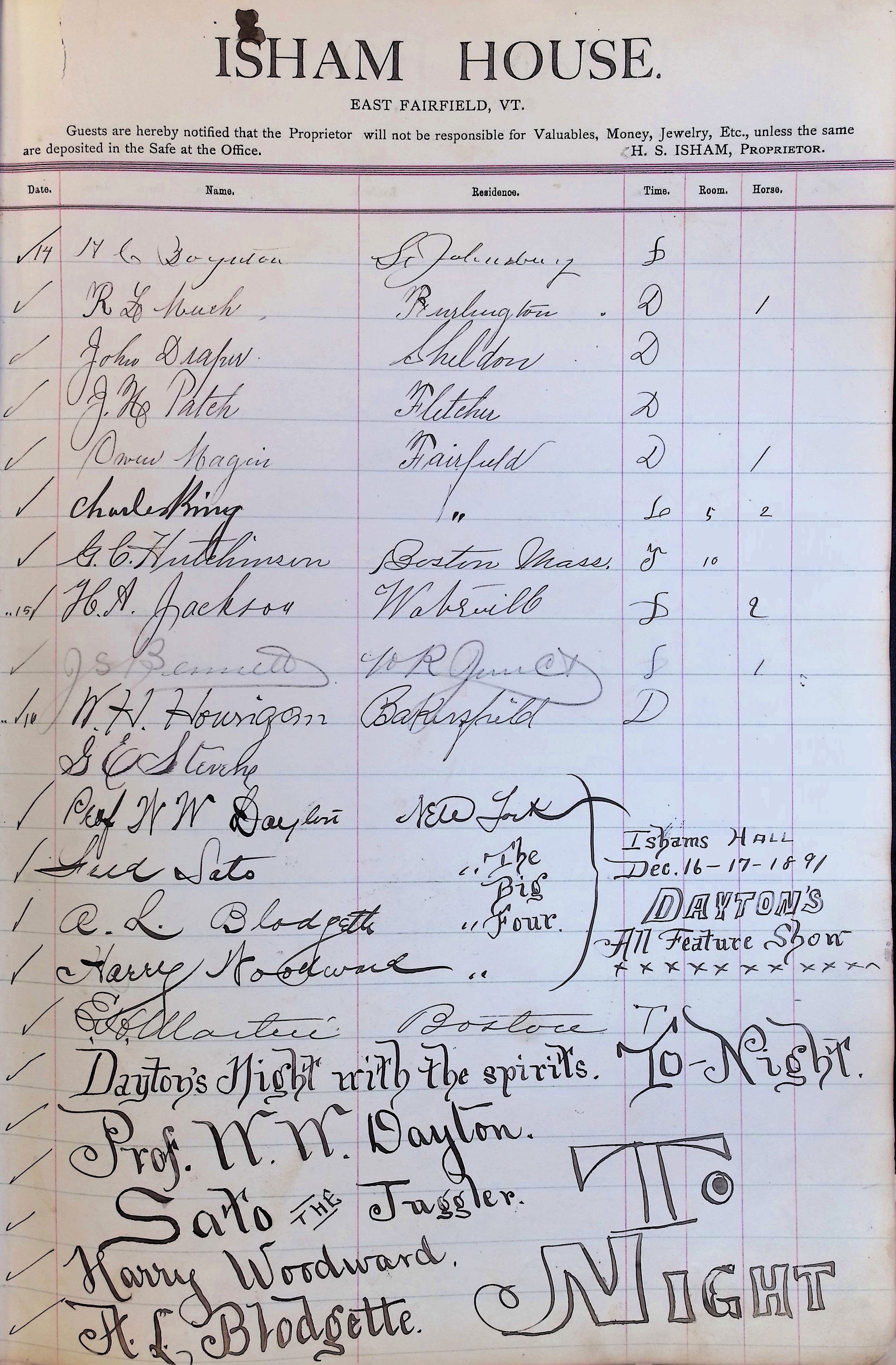 Isham Hotel register Vol. 3, Page 39