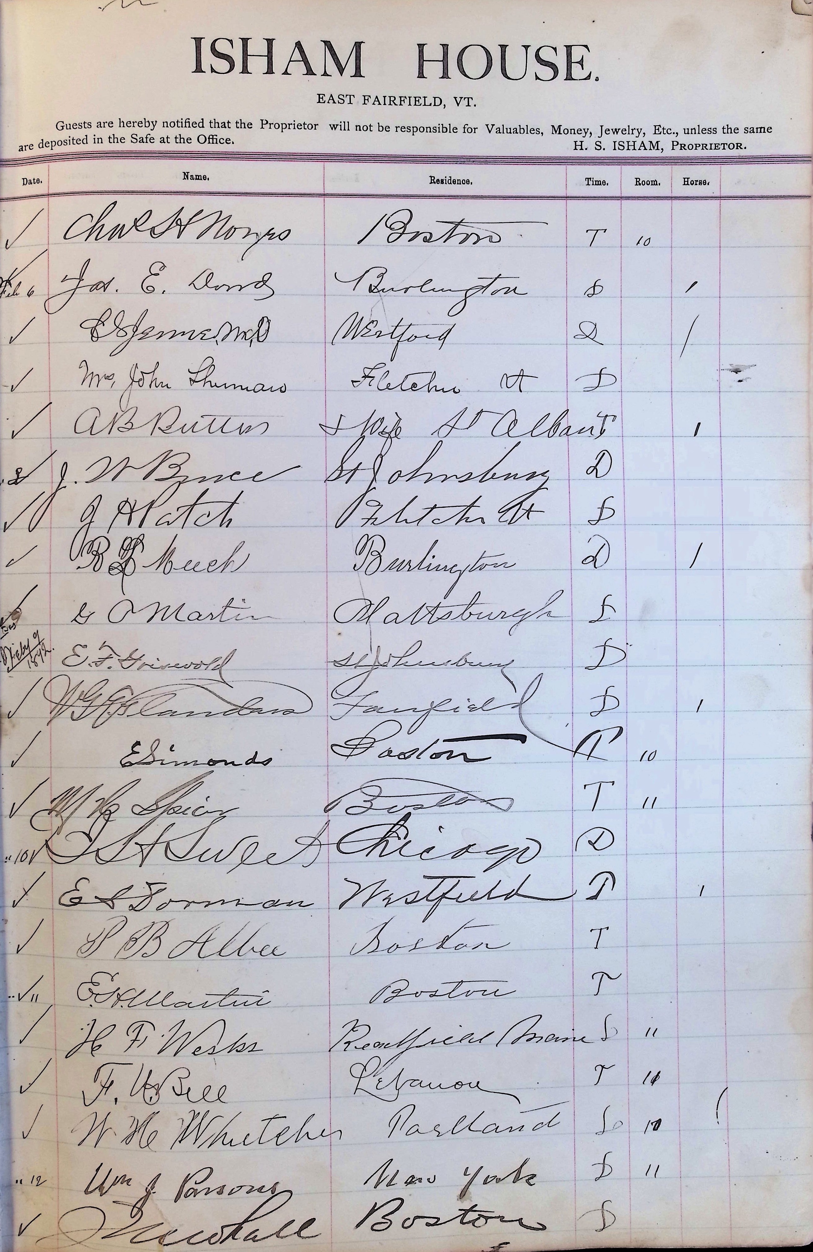 Isham Hotel register Vol. 3, Page 45