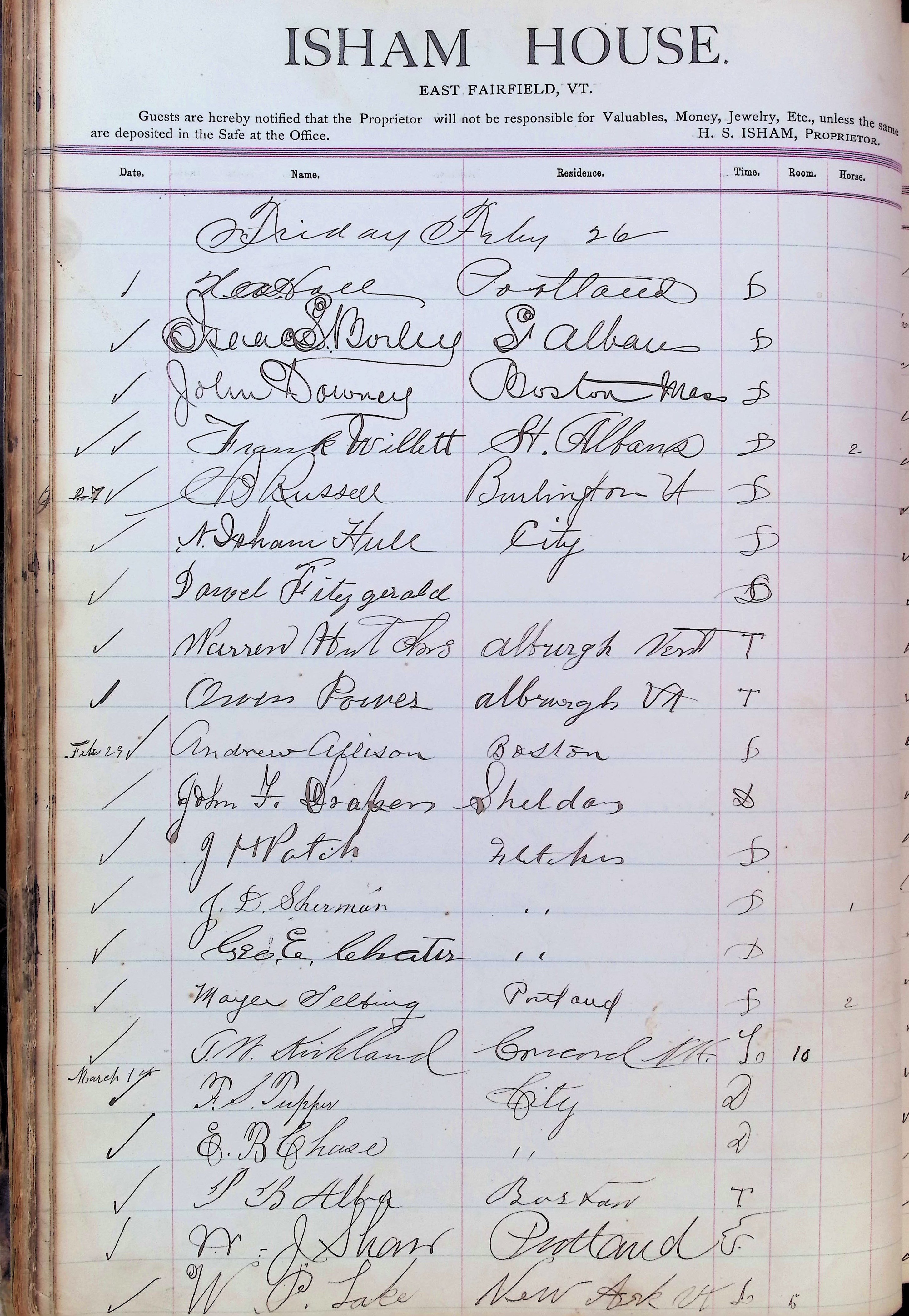 Isham Hotel register Vol. 3, Page 50