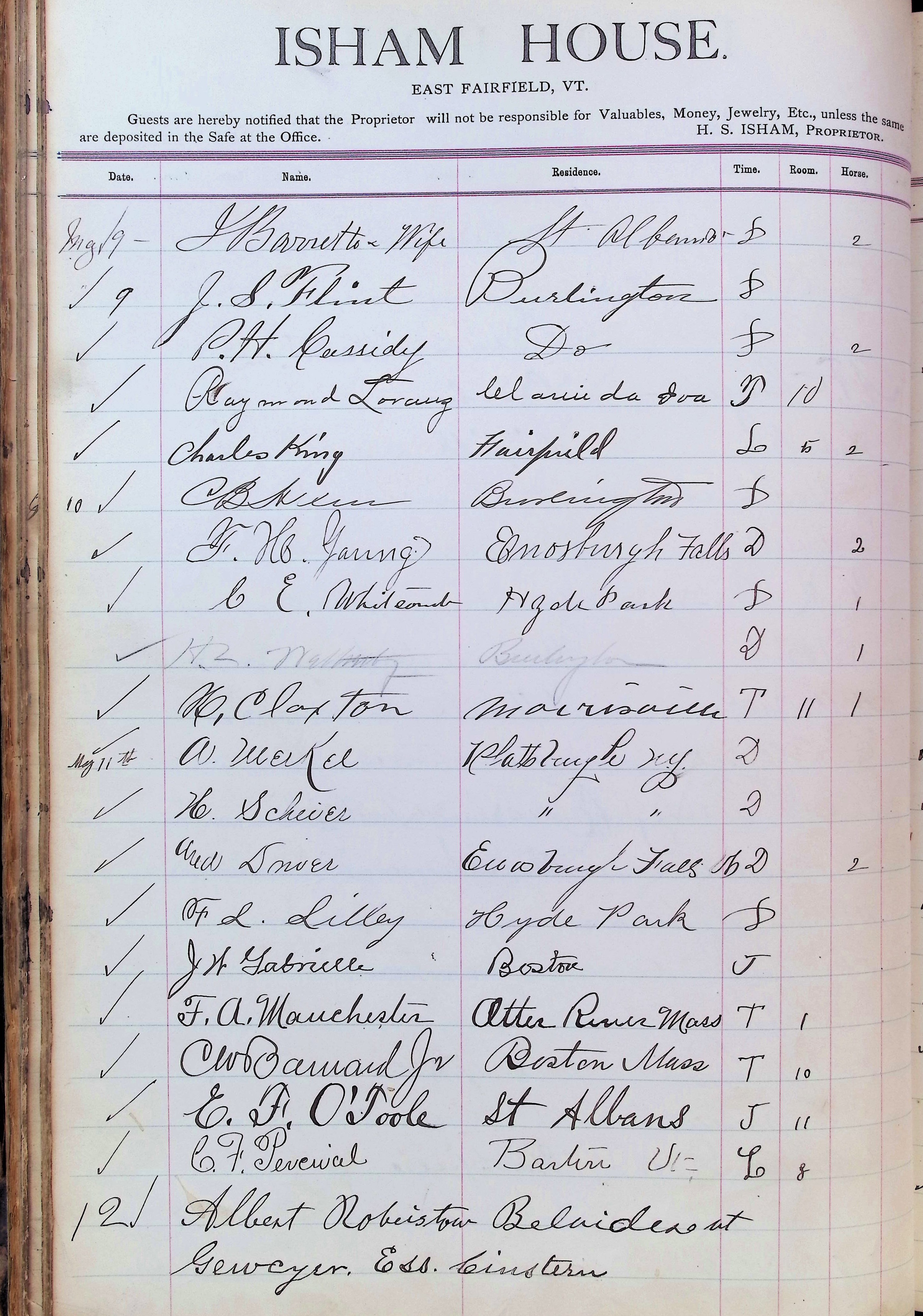 Isham Hotel register Vol. 3, Page 62