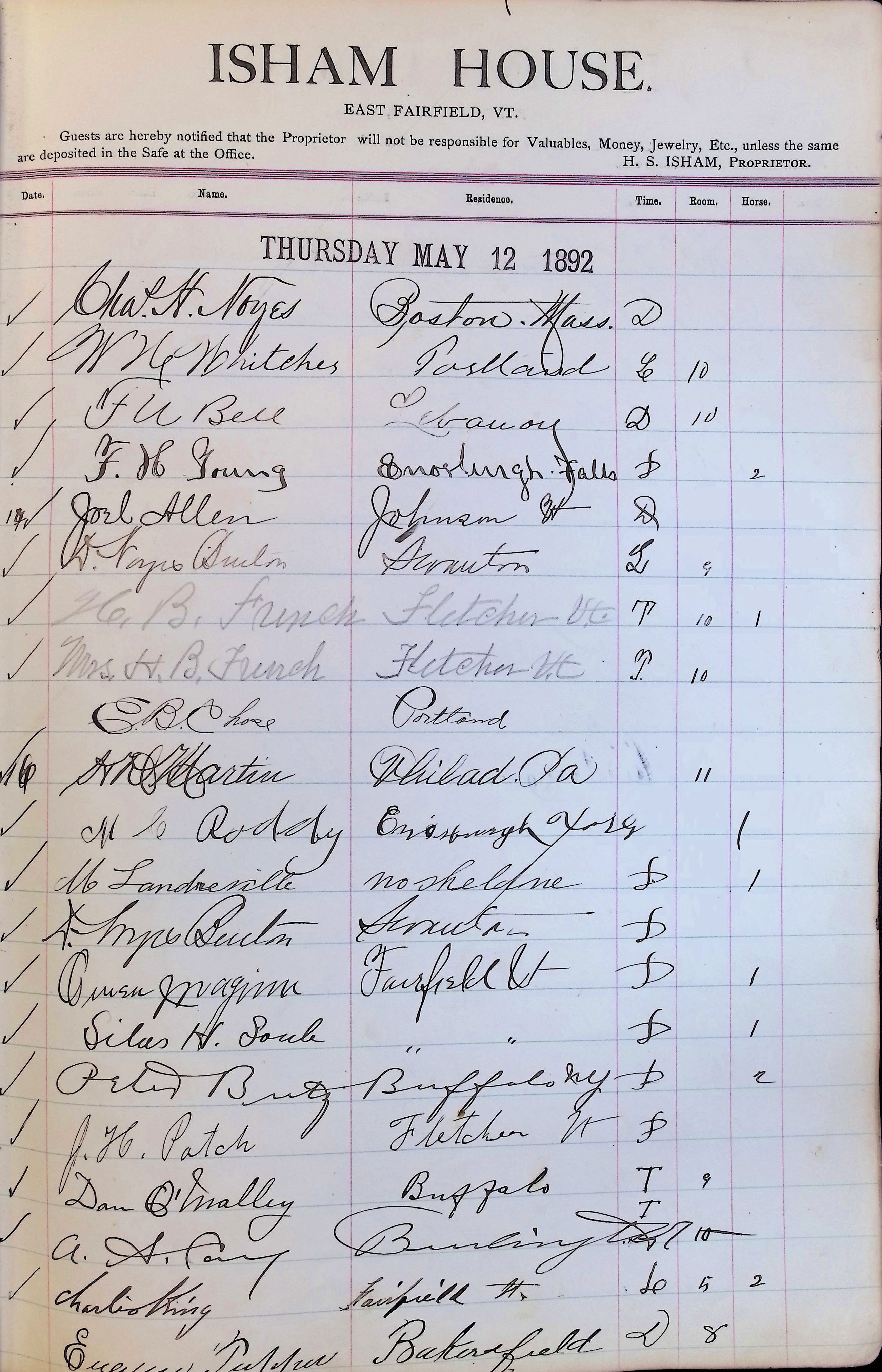 Isham Hotel register Vol. 3, Page 63