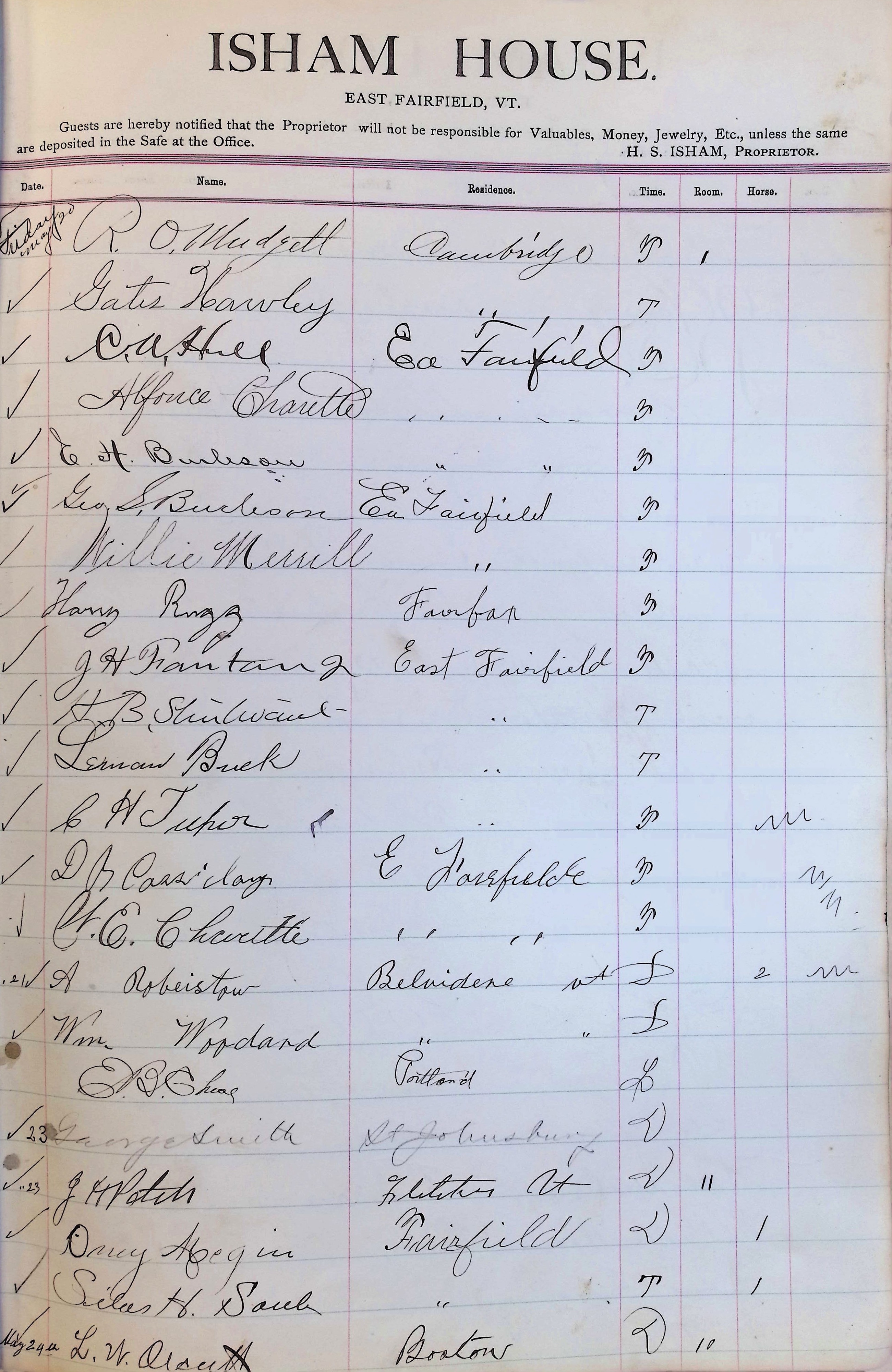 Isham Hotel register Vol. 3, Page 65