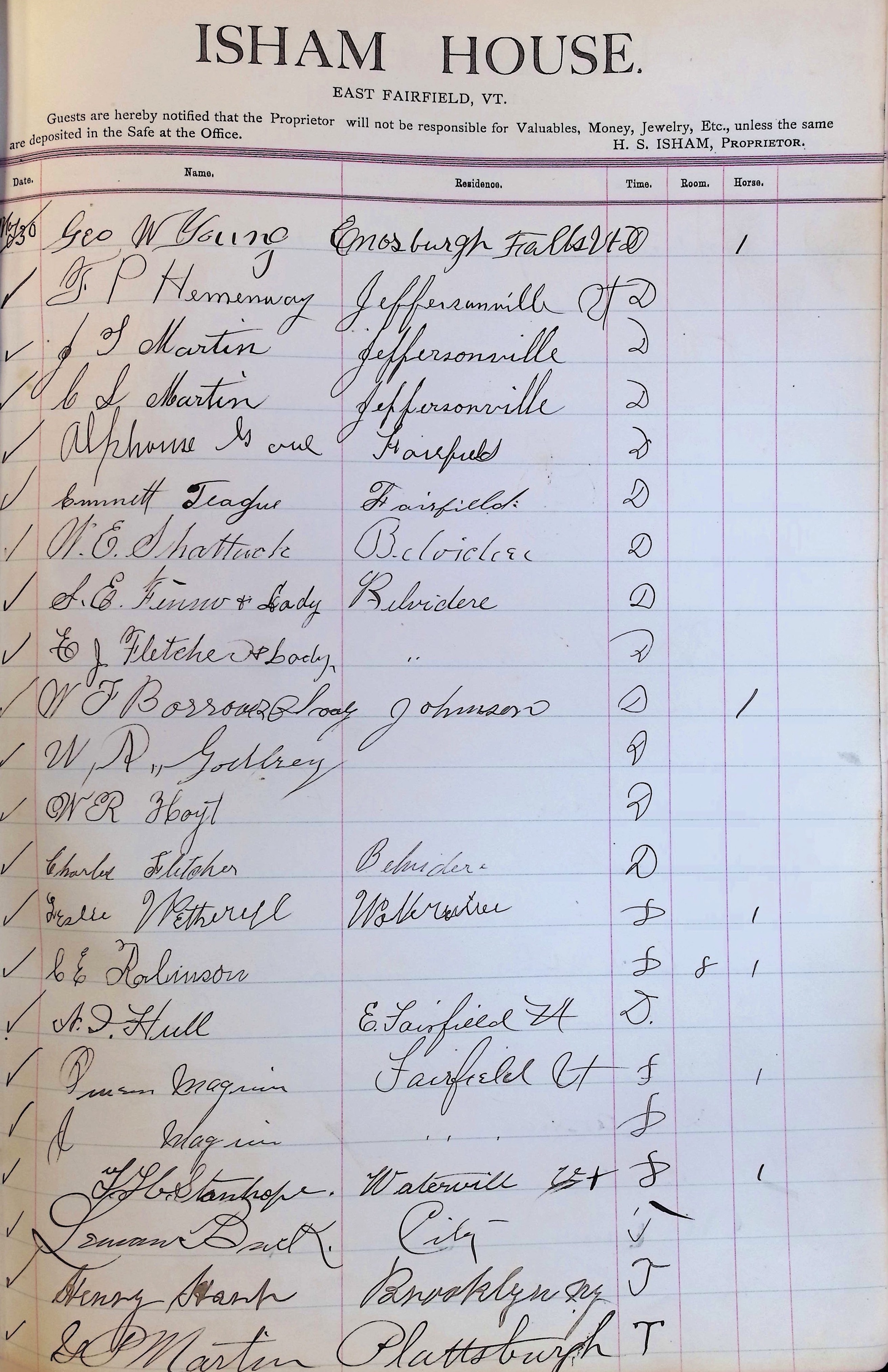Isham Hotel register Vol. 3, Page 67
