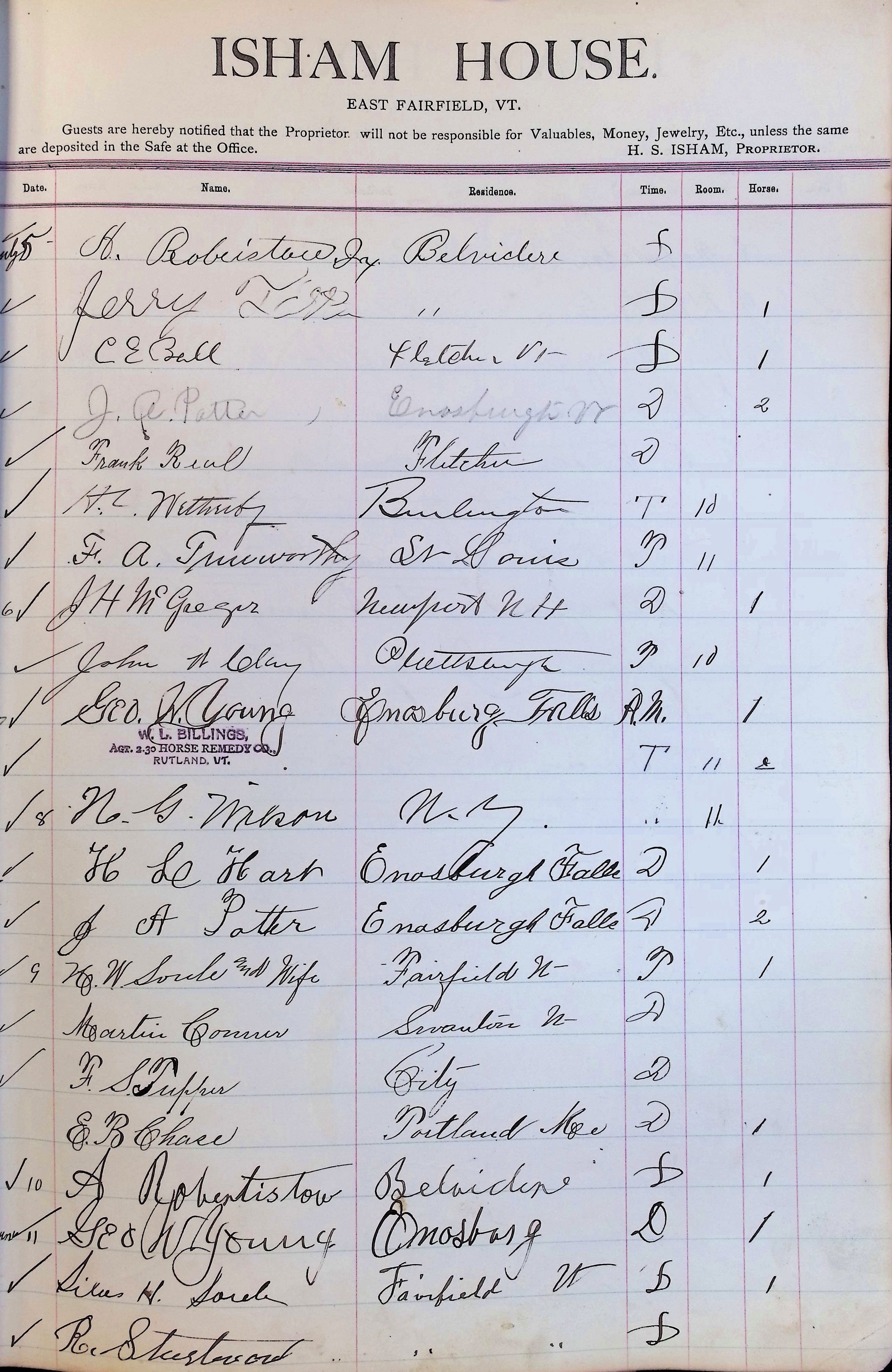 Isham Hotel register Vol. 3, Page 75