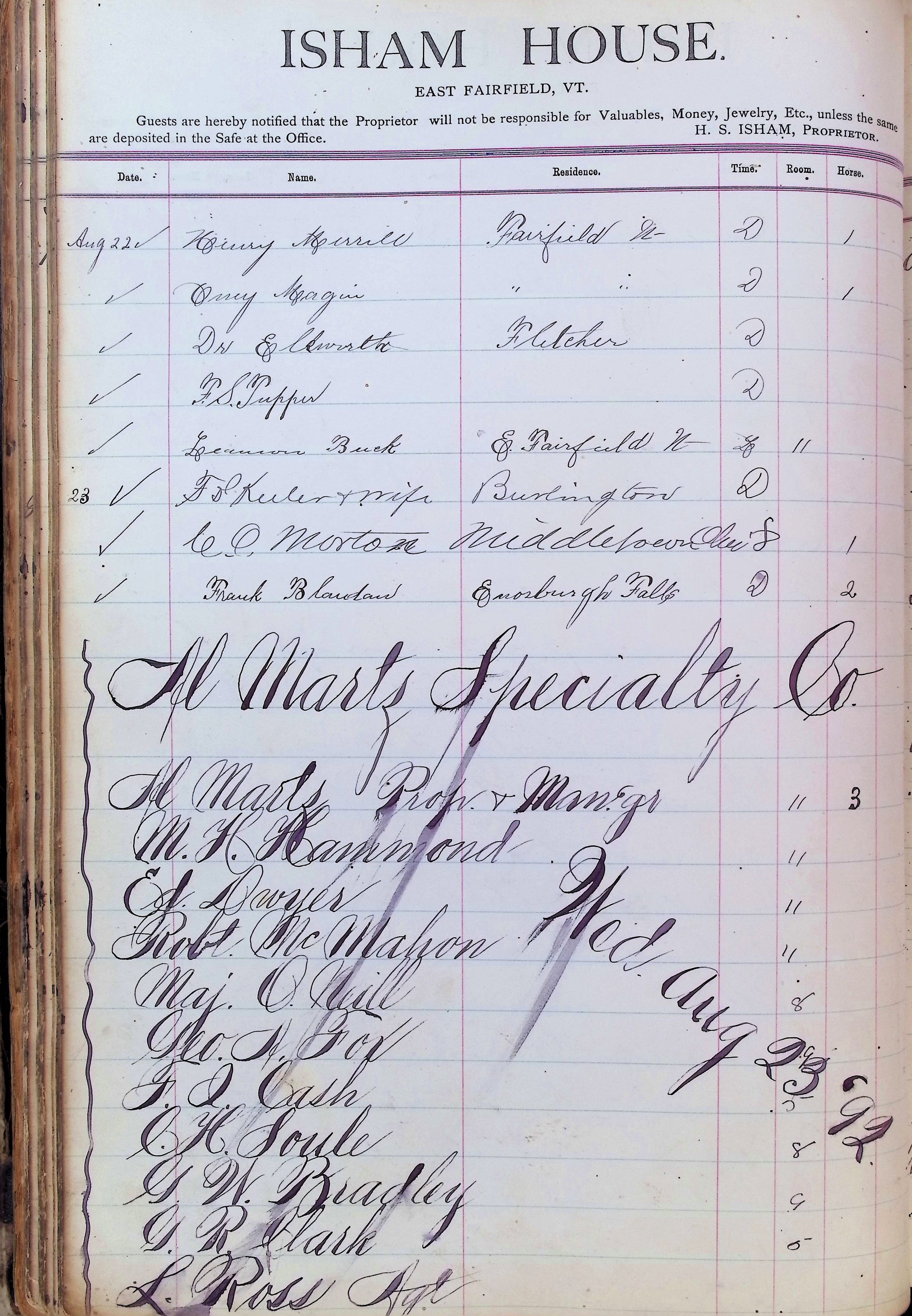 Isham Hotel register Vol. 3, Page 84
