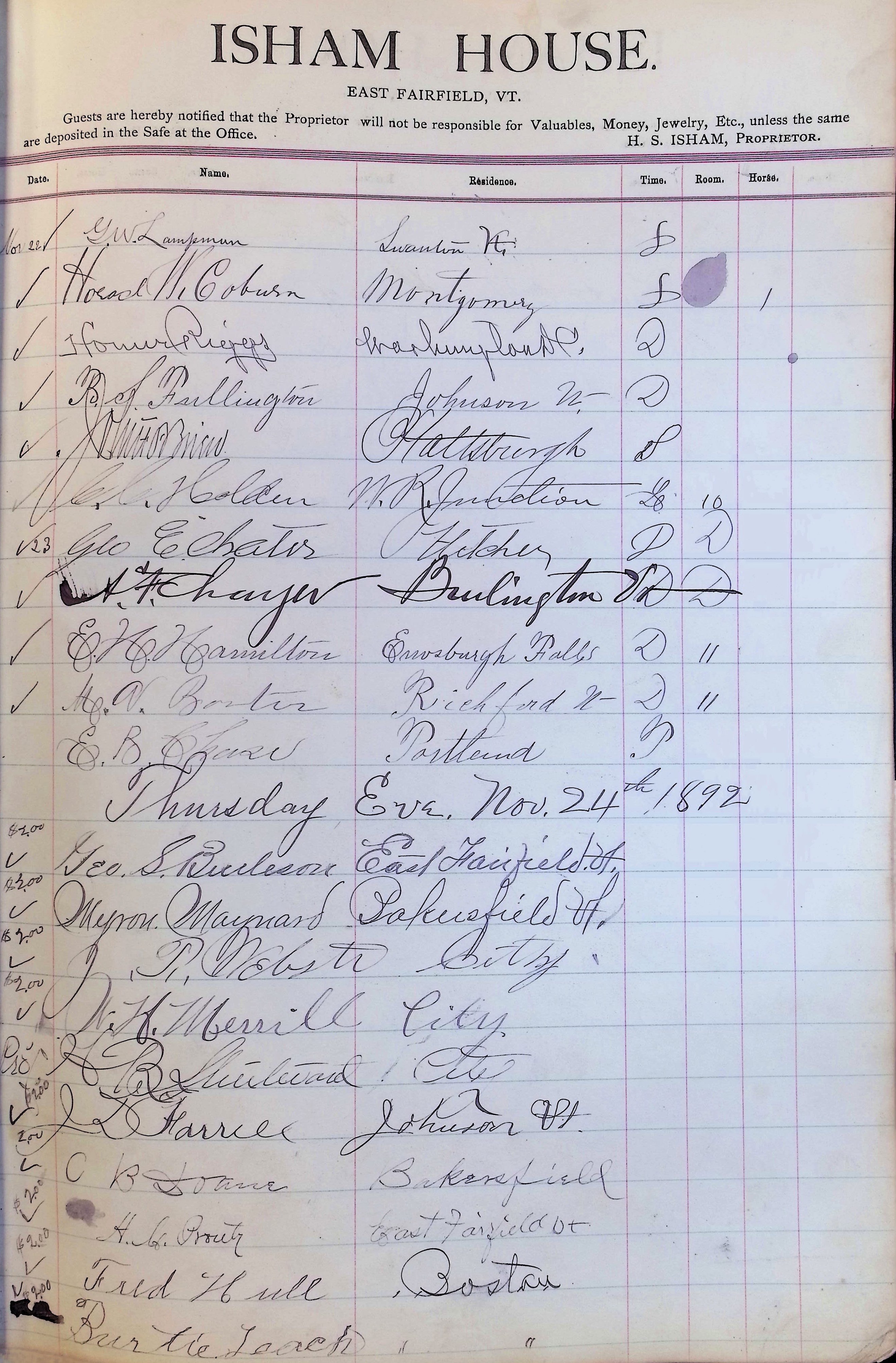 Isham Hotel register Vol. 3, Page 103