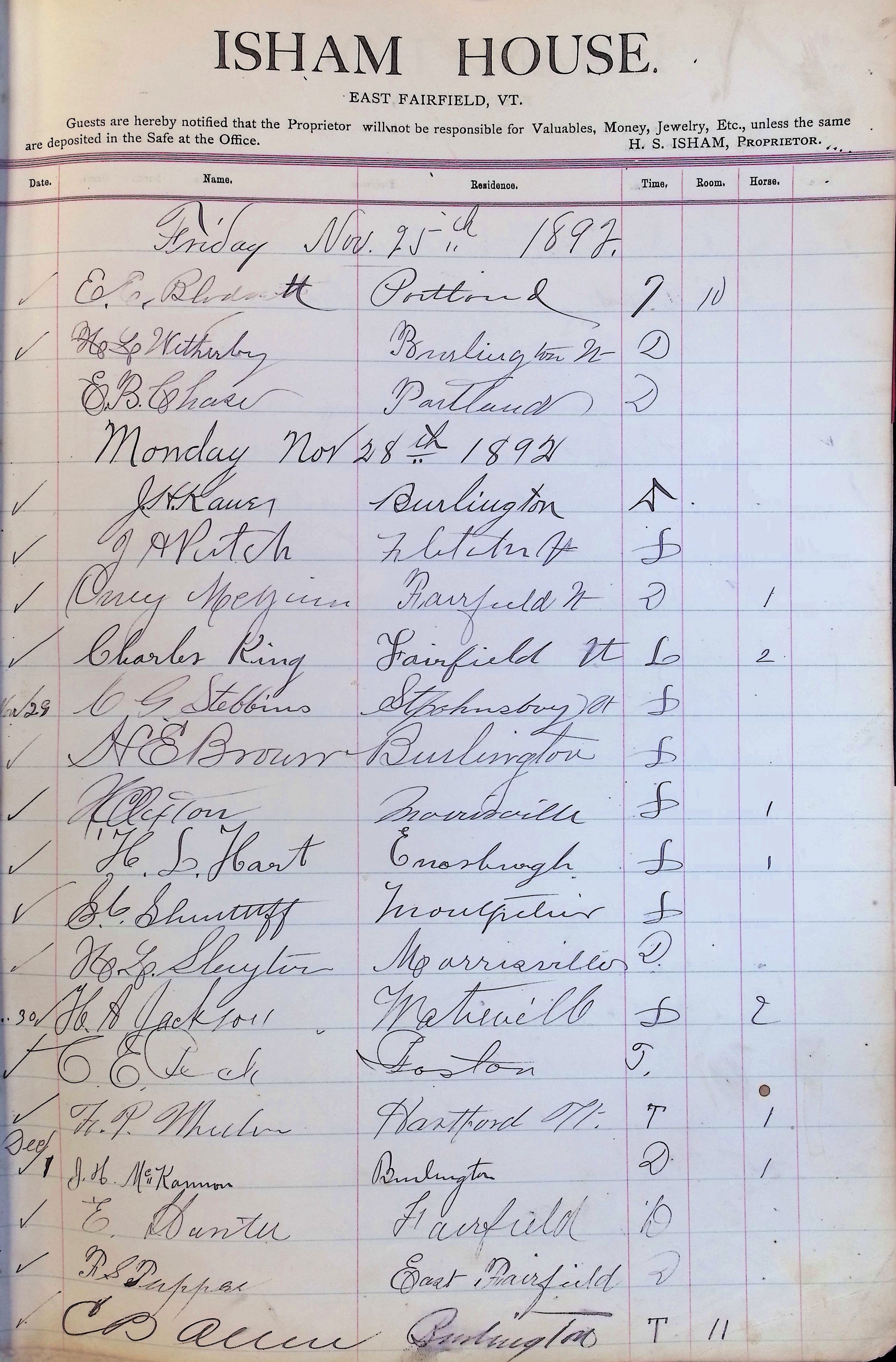 Isham Hotel register Vol. 3, Page 105