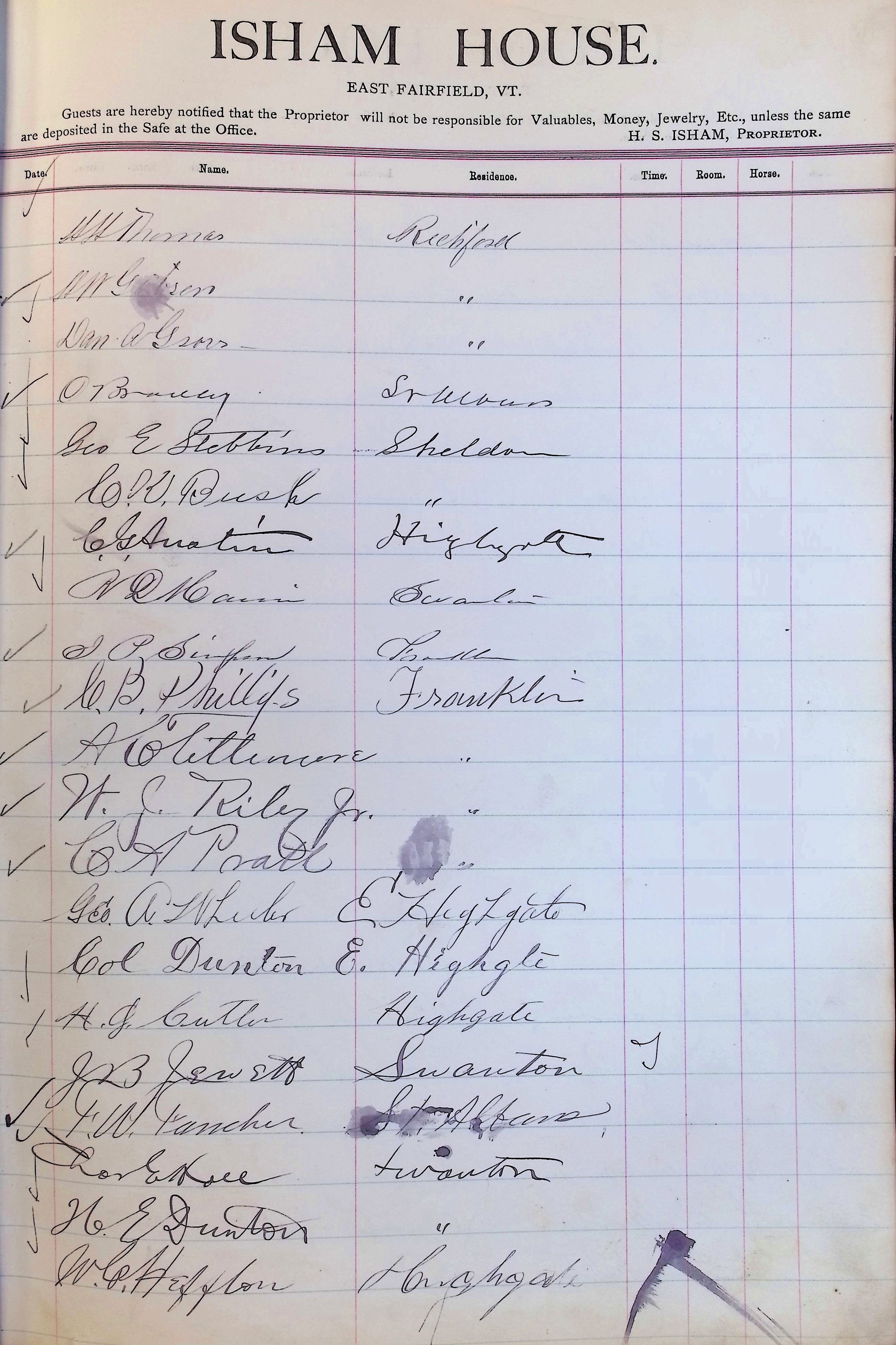 Isham Hotel register Vol. 3, Page 119