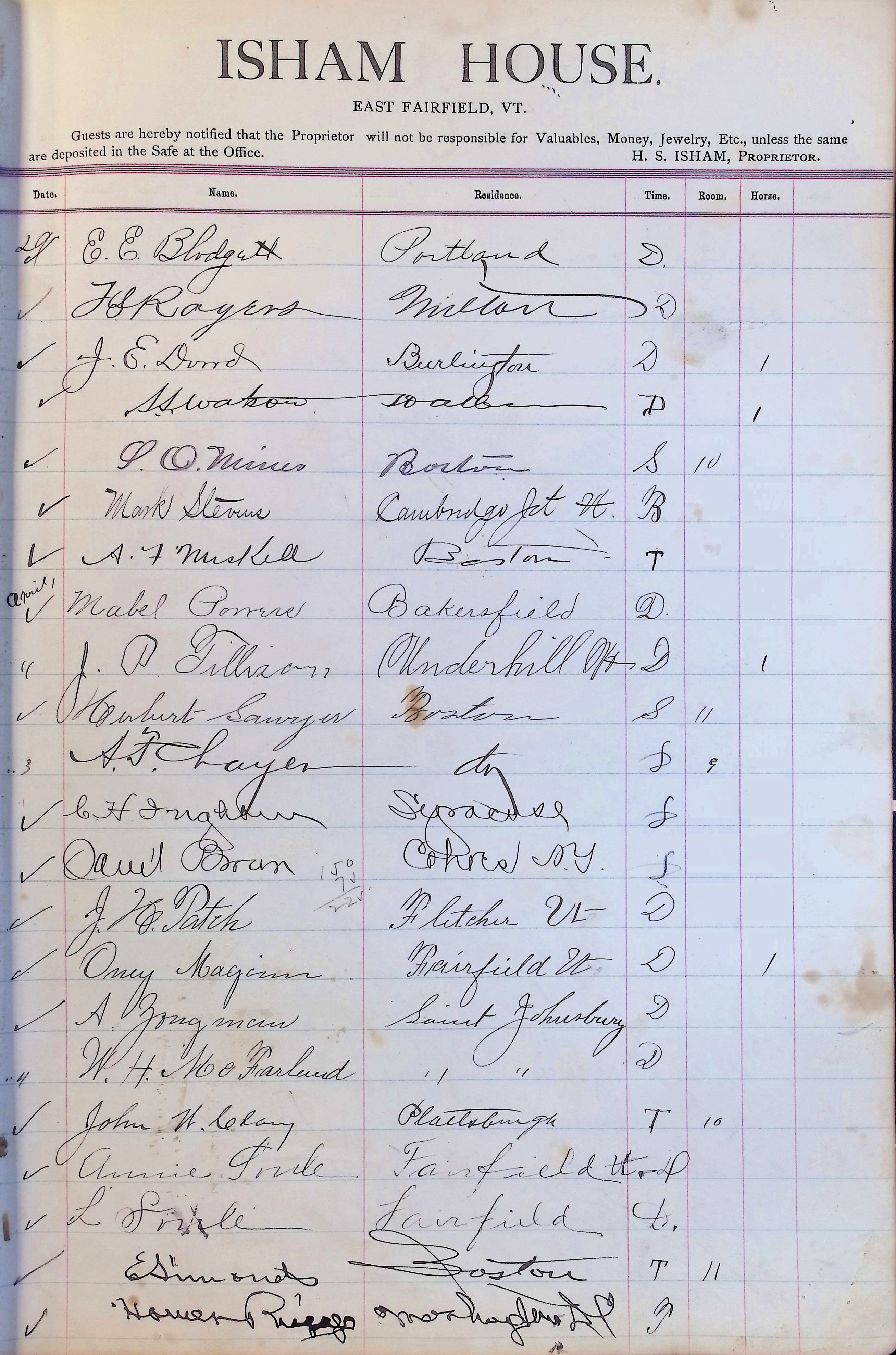Isham Hotel register Vol. 3, Page 129