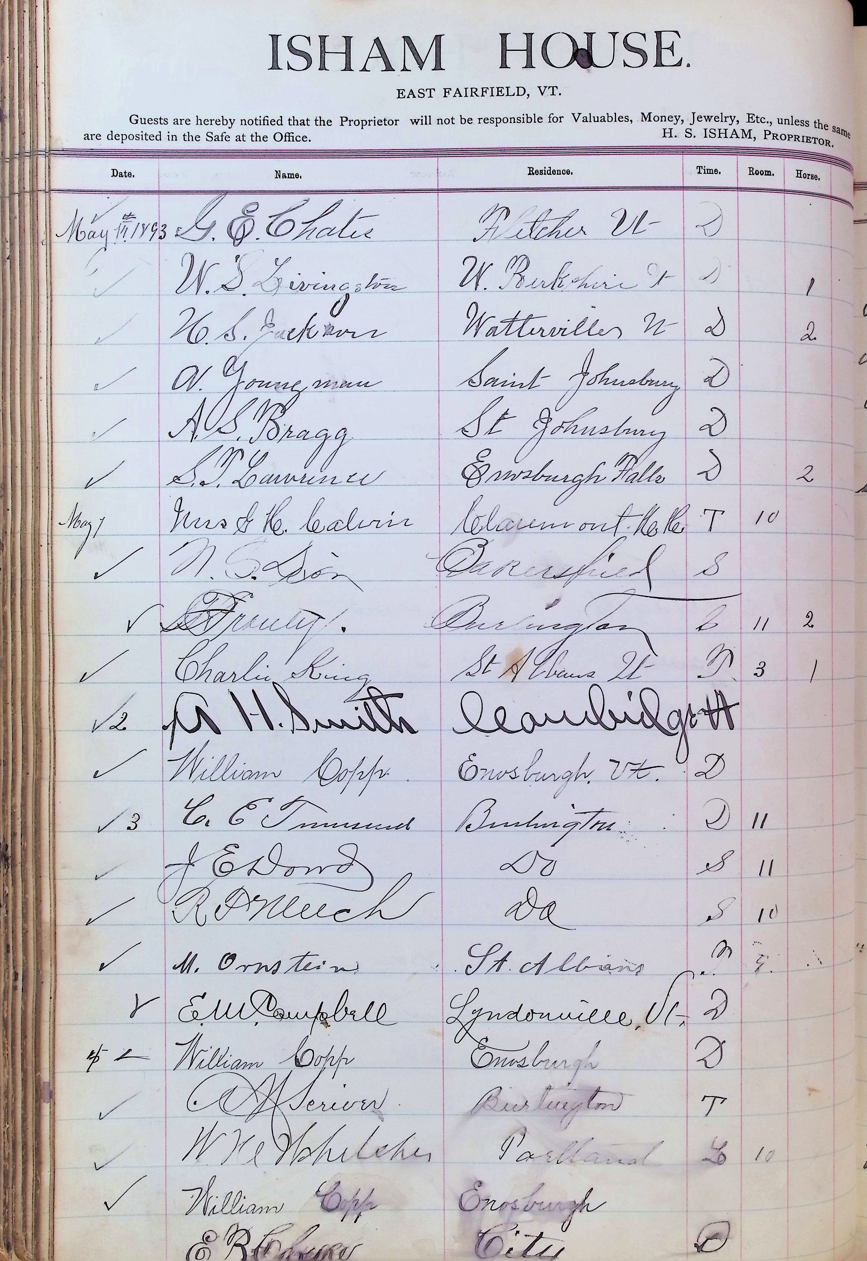Isham Hotel register Vol. 3, Page 134