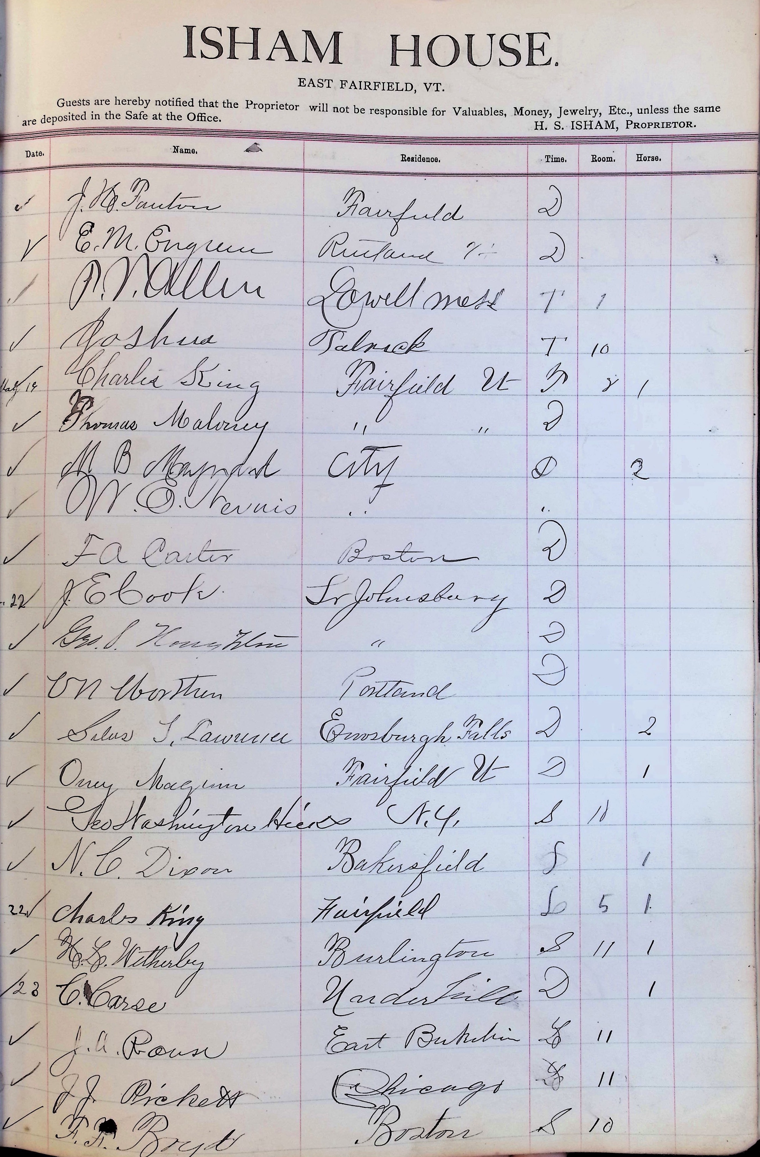 Isham Hotel register Vol. 3, Page 137