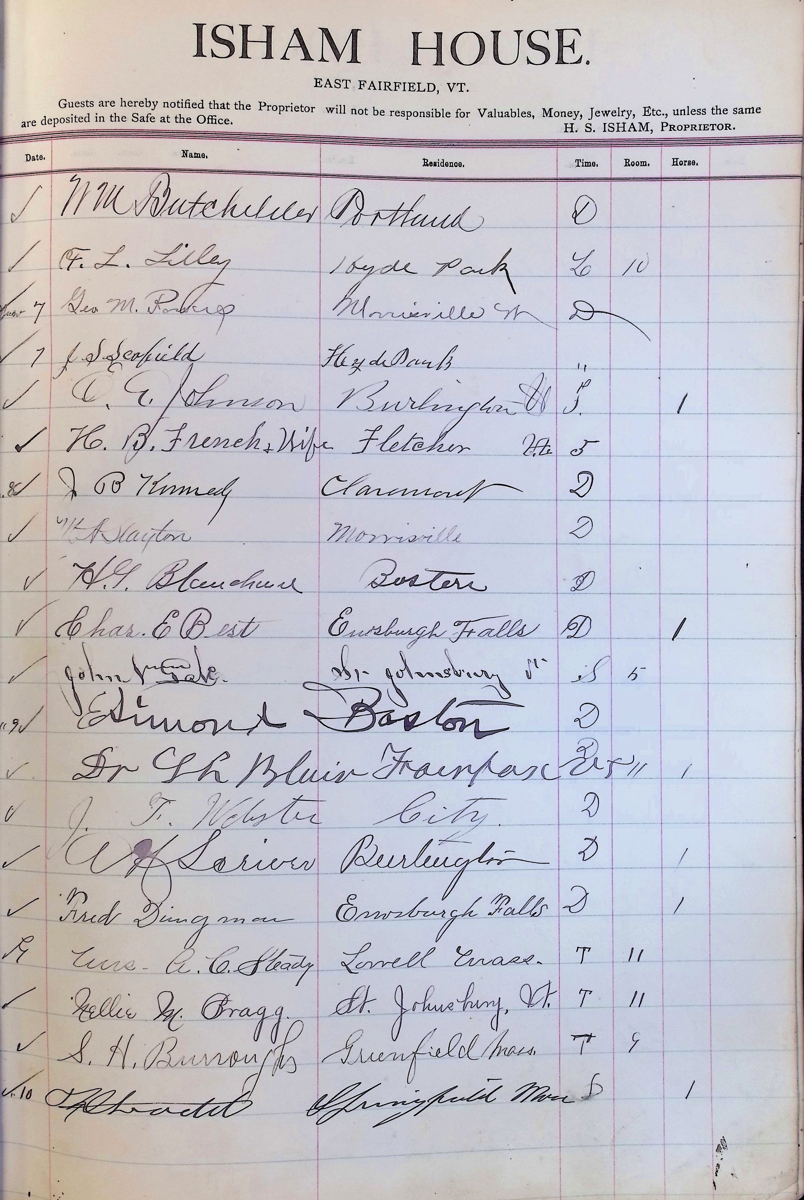Isham Hotel register Vol. 3, Page 141