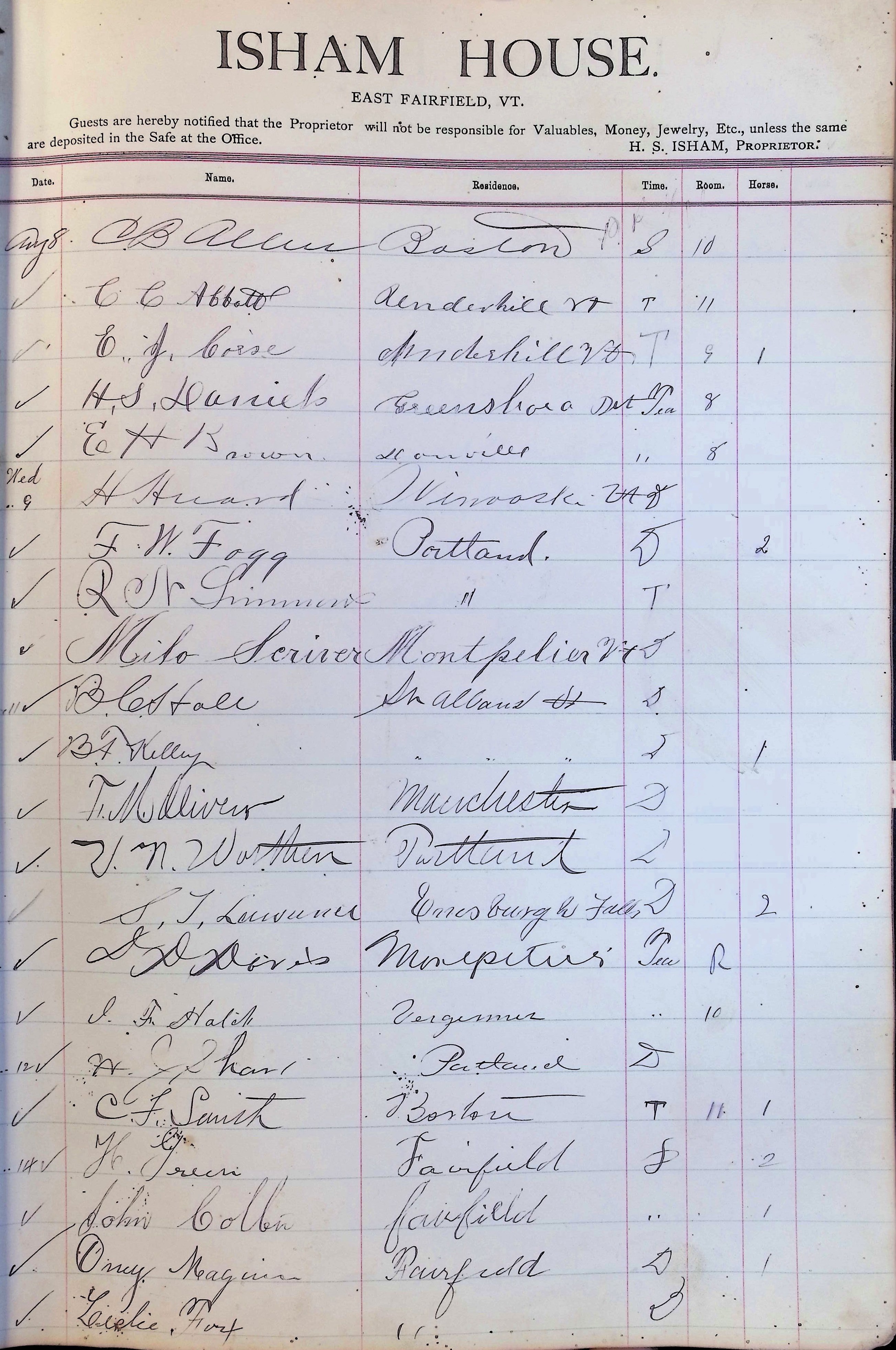 Isham Hotel register Vol. 3, Page 153