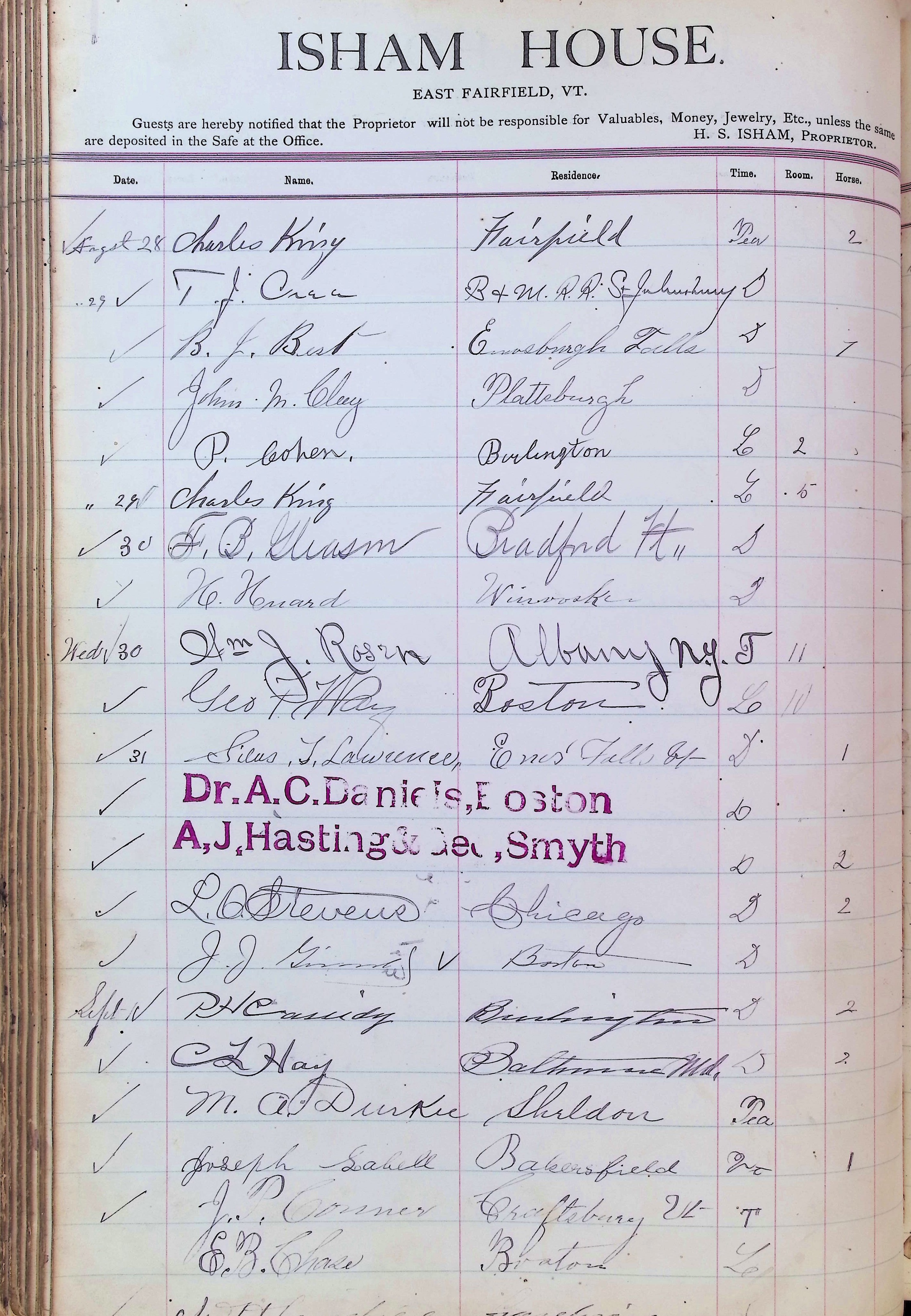 Isham Hotel register Vol. 3, Page 156