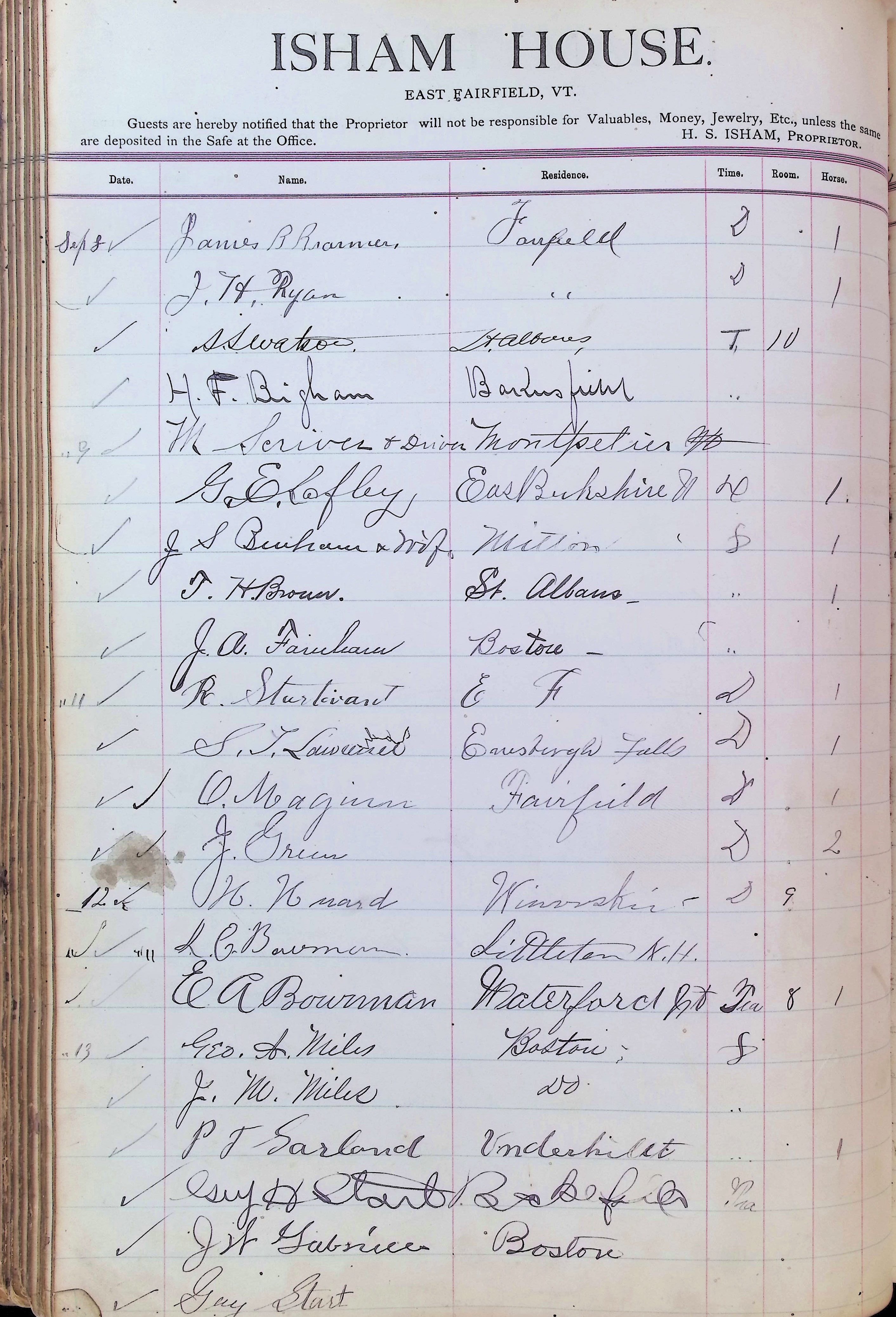 Isham Hotel register Vol. 3, Page 158