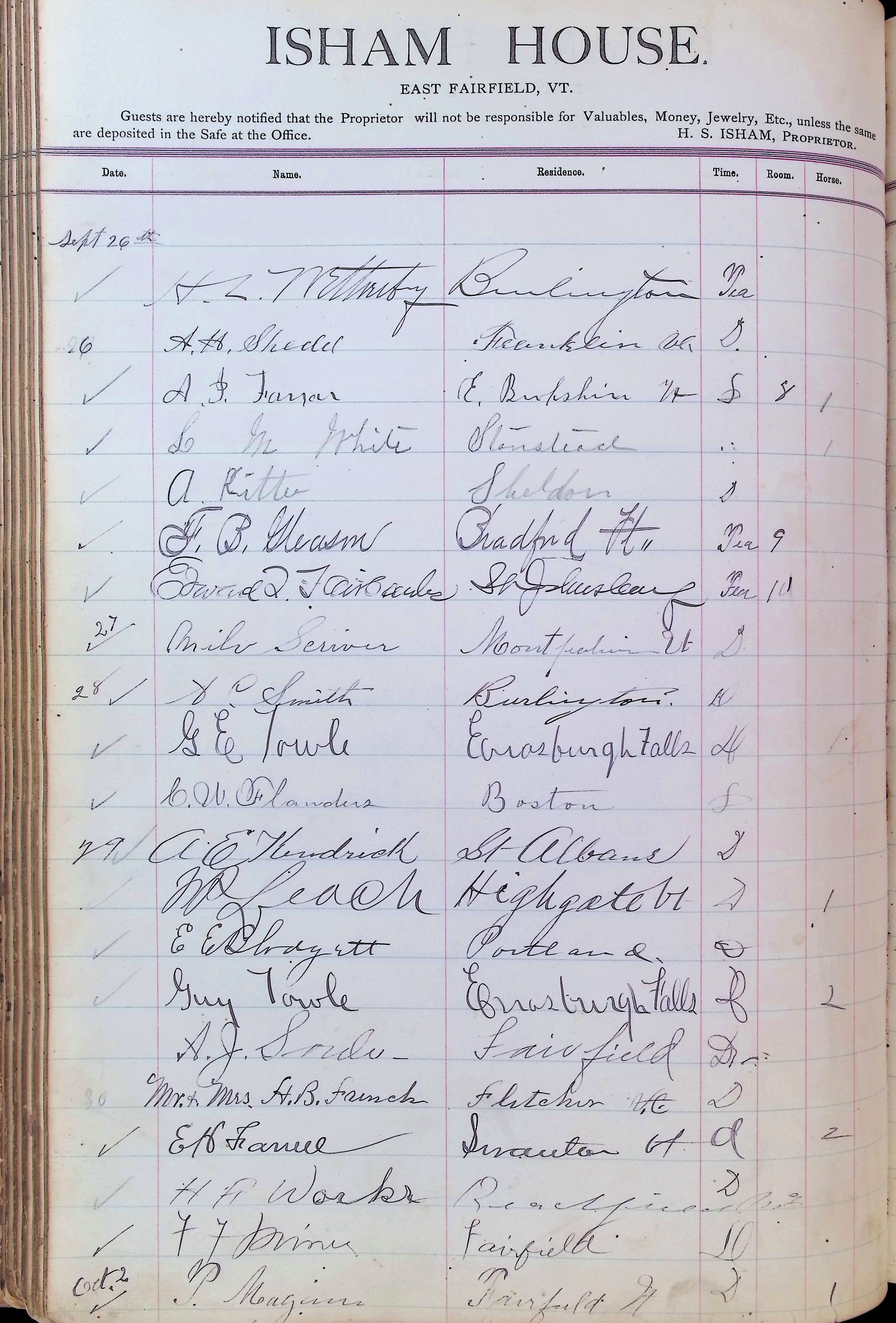 Isham Hotel register Vol. 3, Page 160