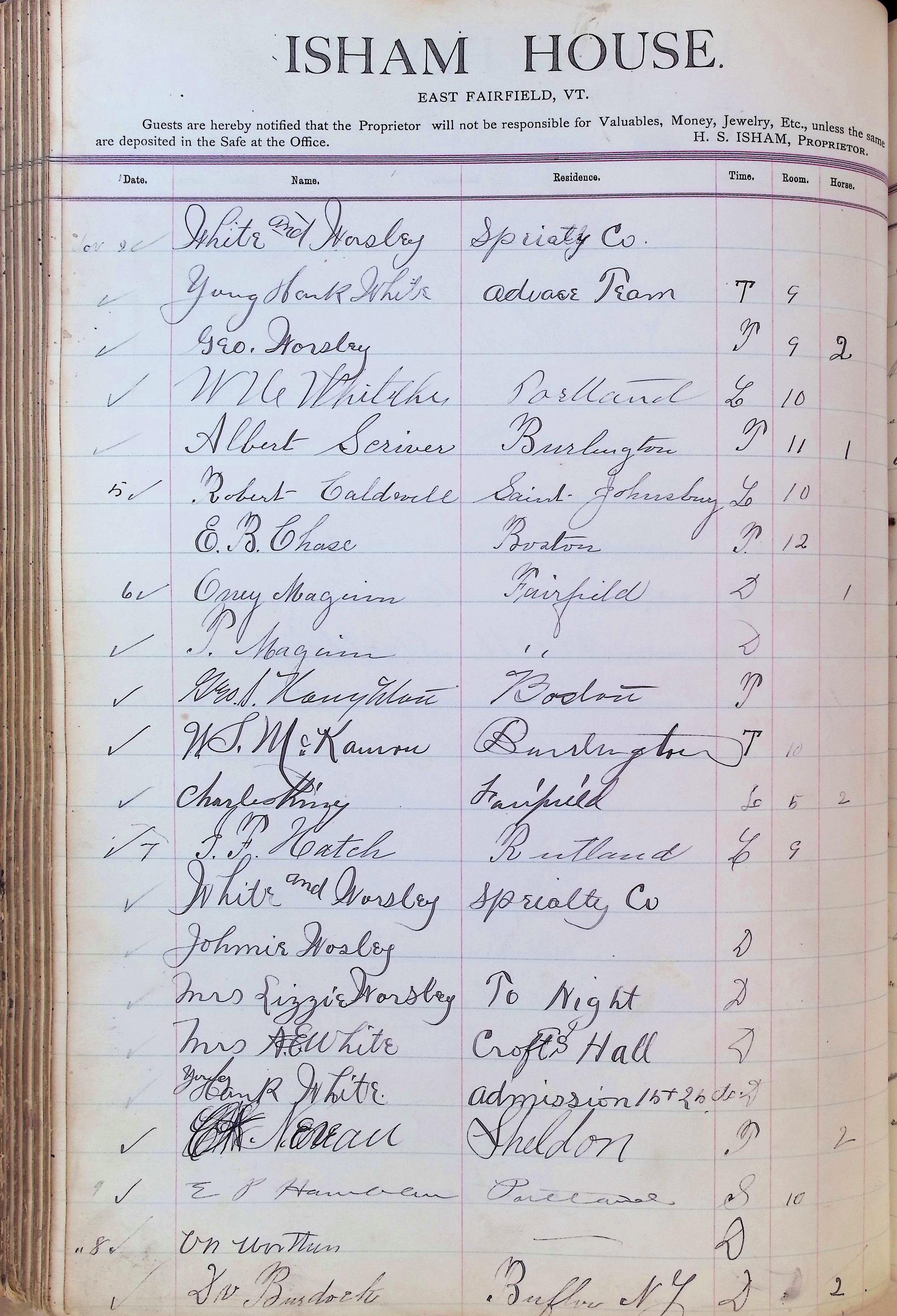 Isham Hotel register Vol. 3, Page 166