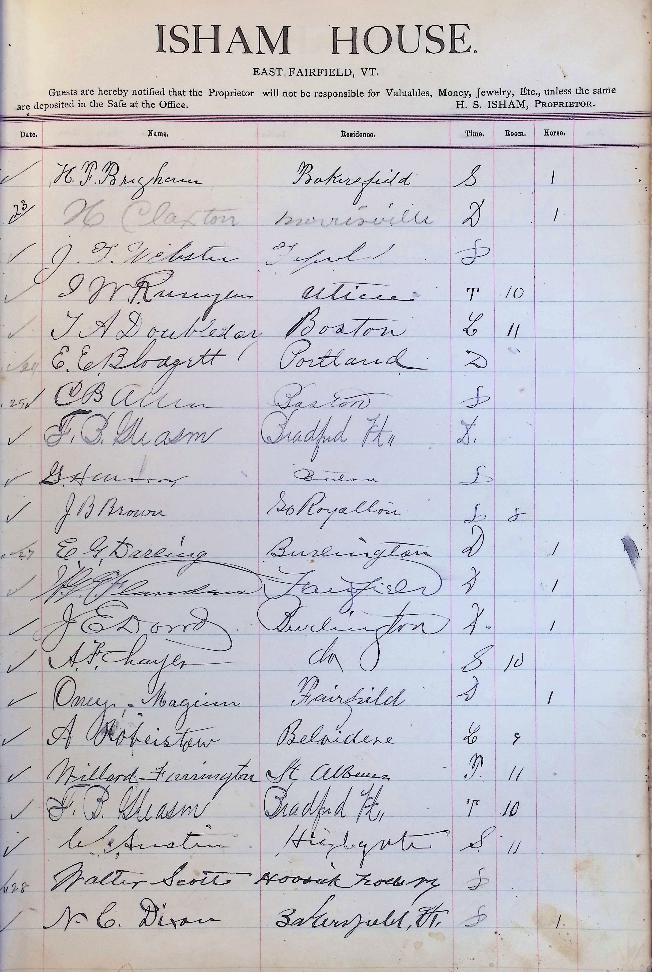 Isham Hotel register Vol. 3, Page 169