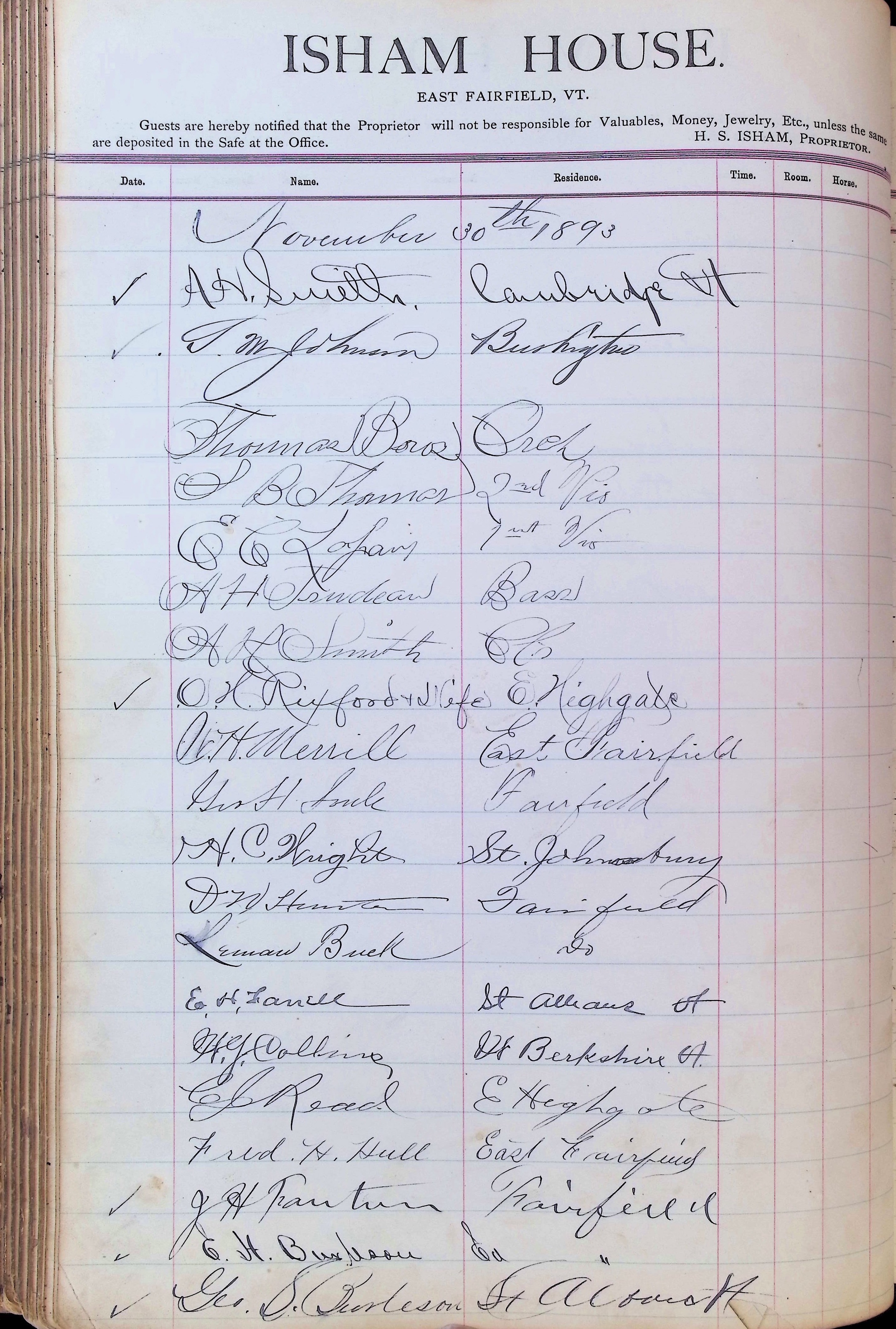 Isham Hotel register Vol. 3, Page 170