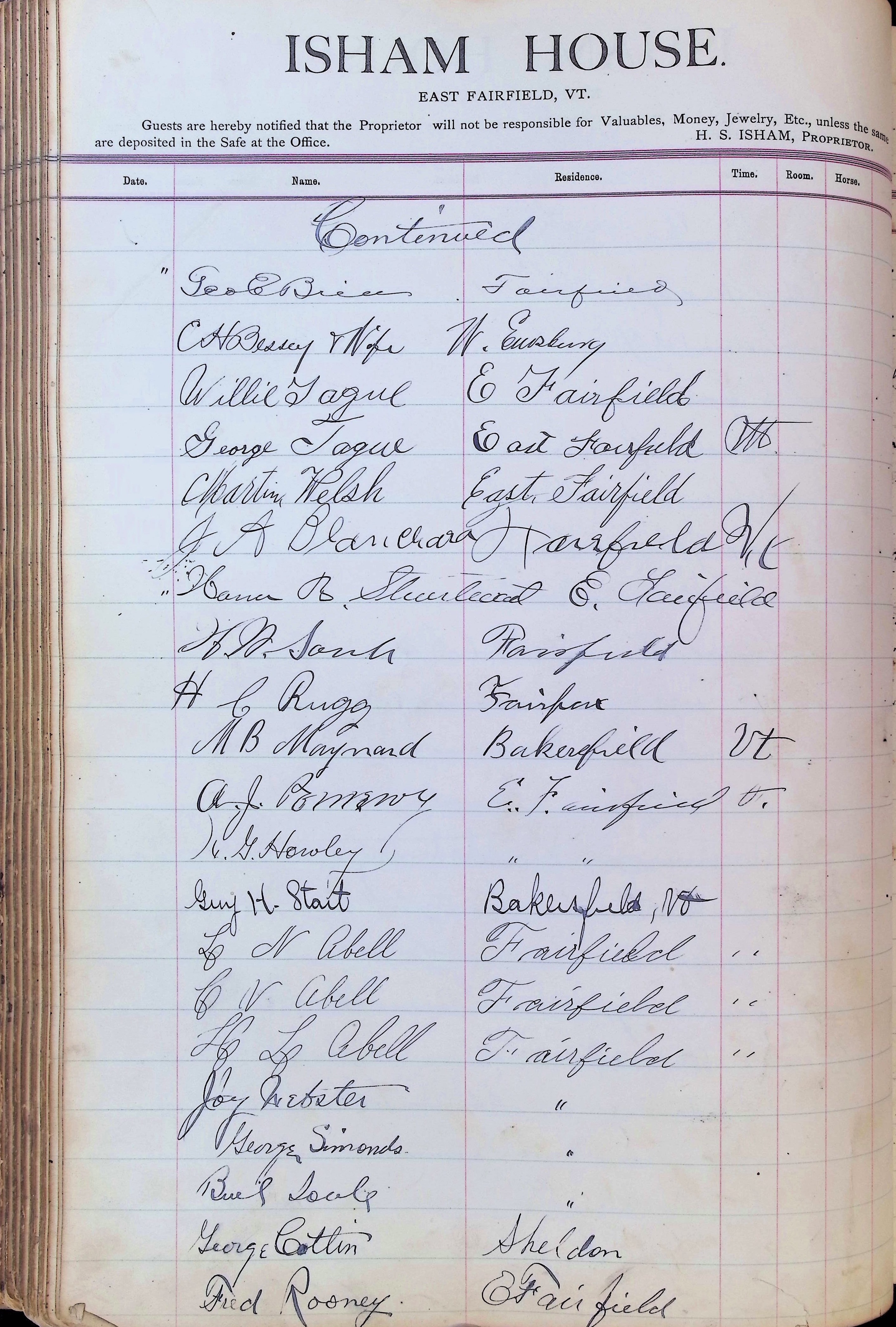 Isham Hotel register Vol. 3, Page 172