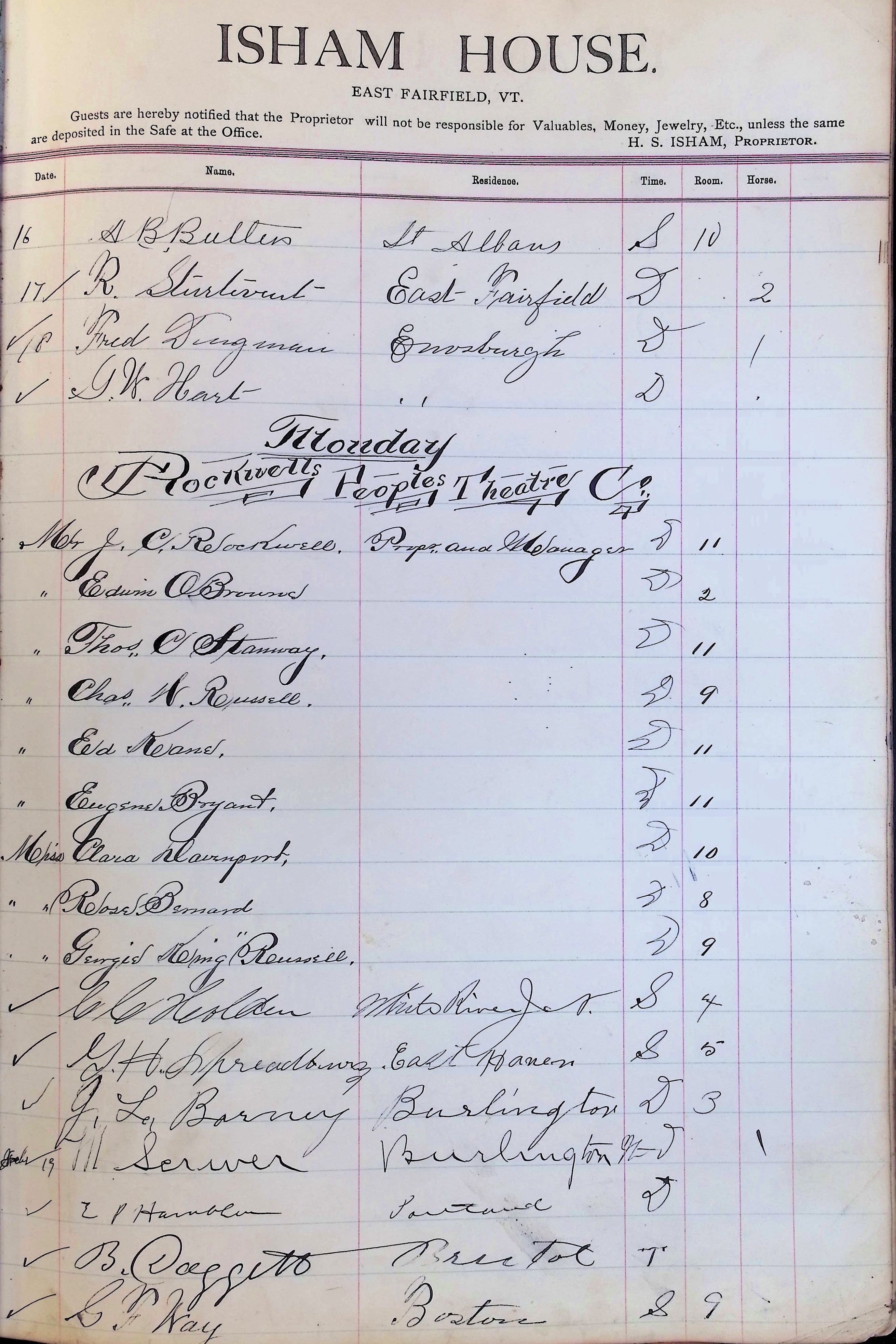 Isham Hotel register Vol. 3, Page 181