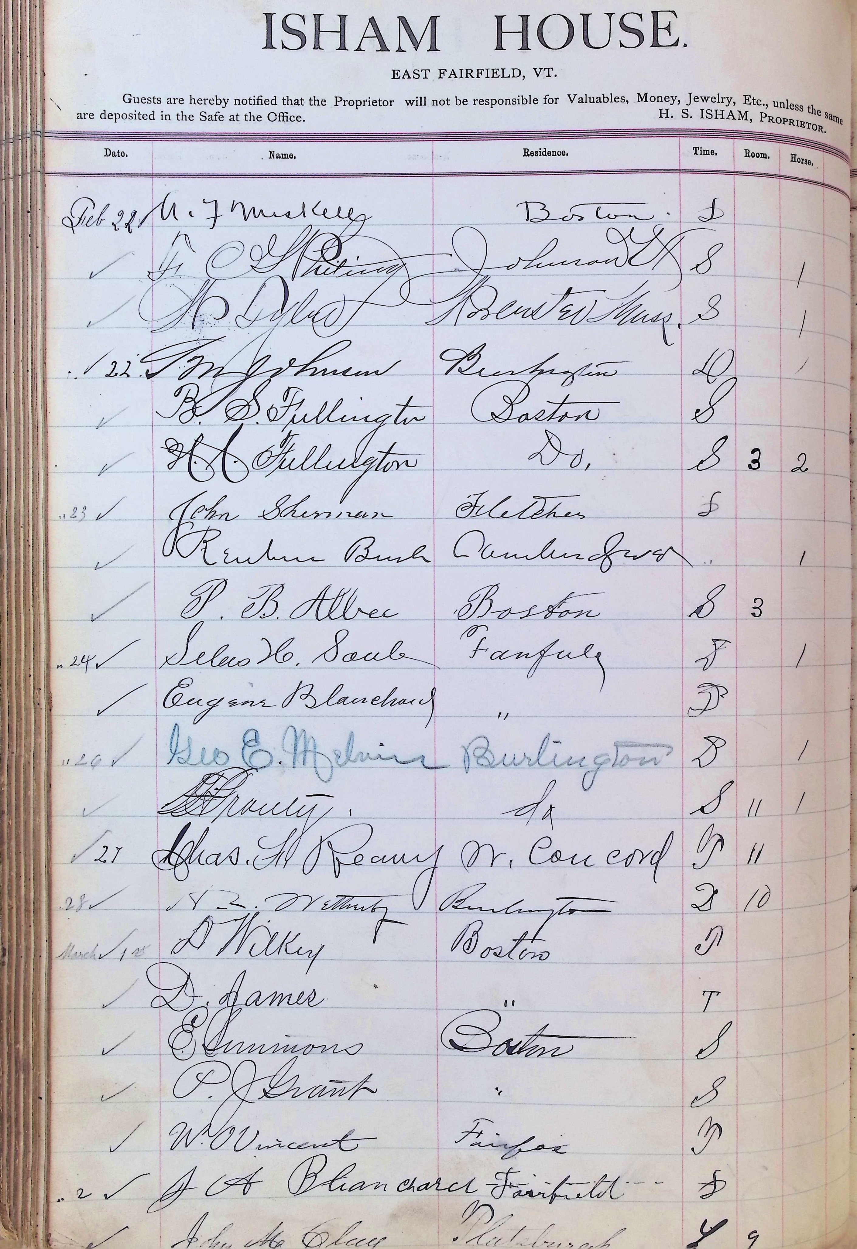 Isham Hotel register Vol. 3, Page 182