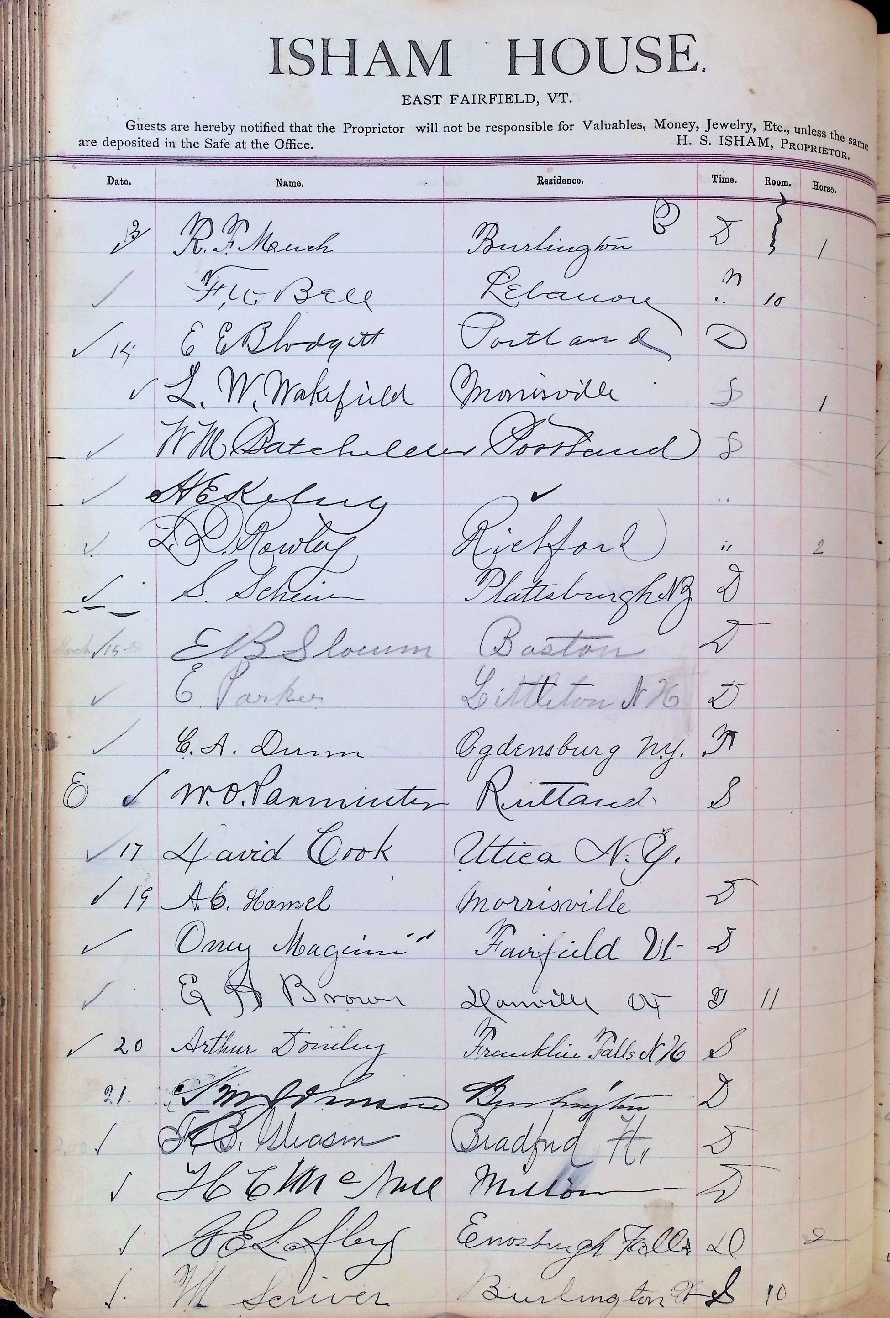 Isham Hotel register Vol. 3, Page 184