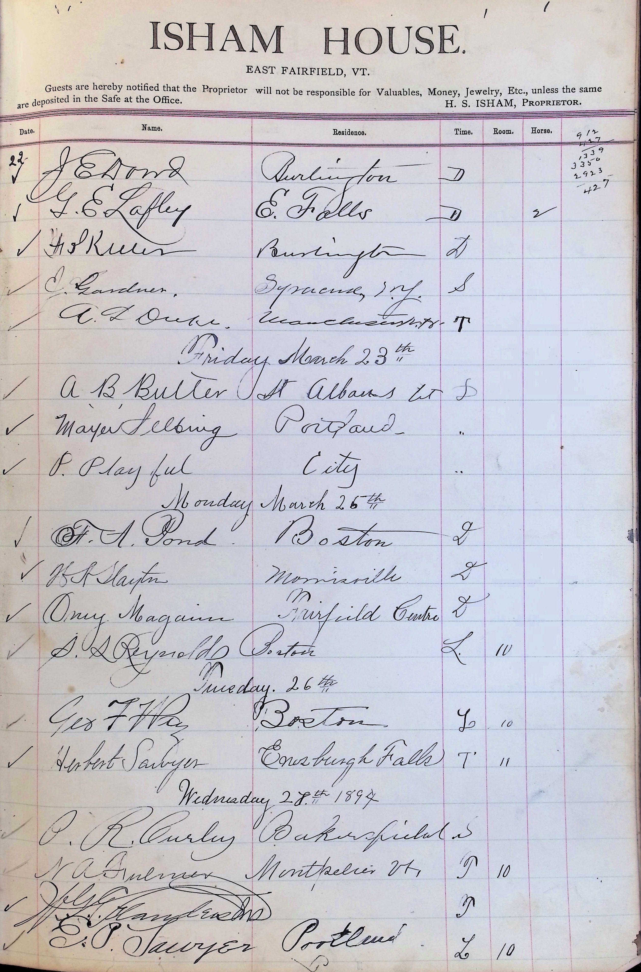 Isham Hotel register Vol. 3, Page 185