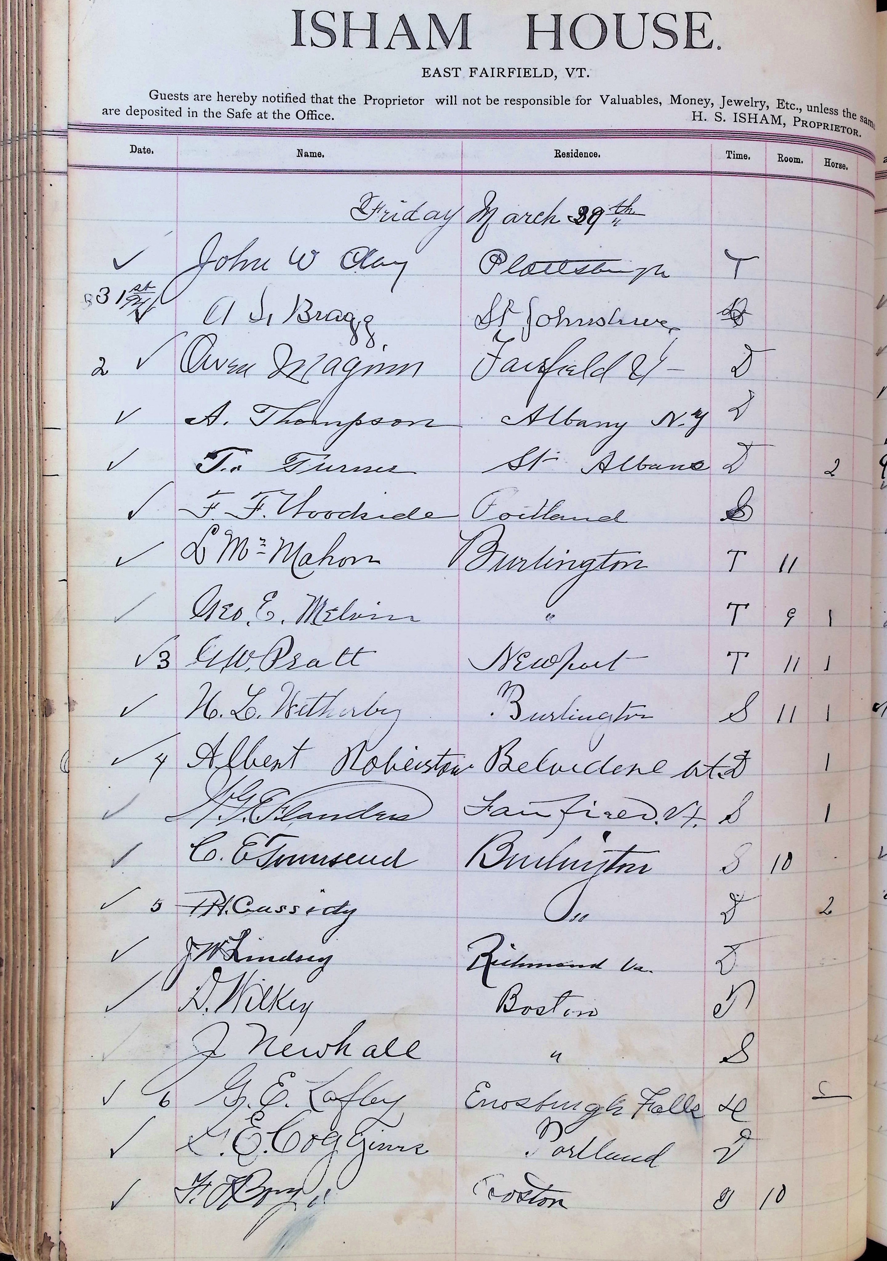 Isham Hotel register Vol. 3, Page 186