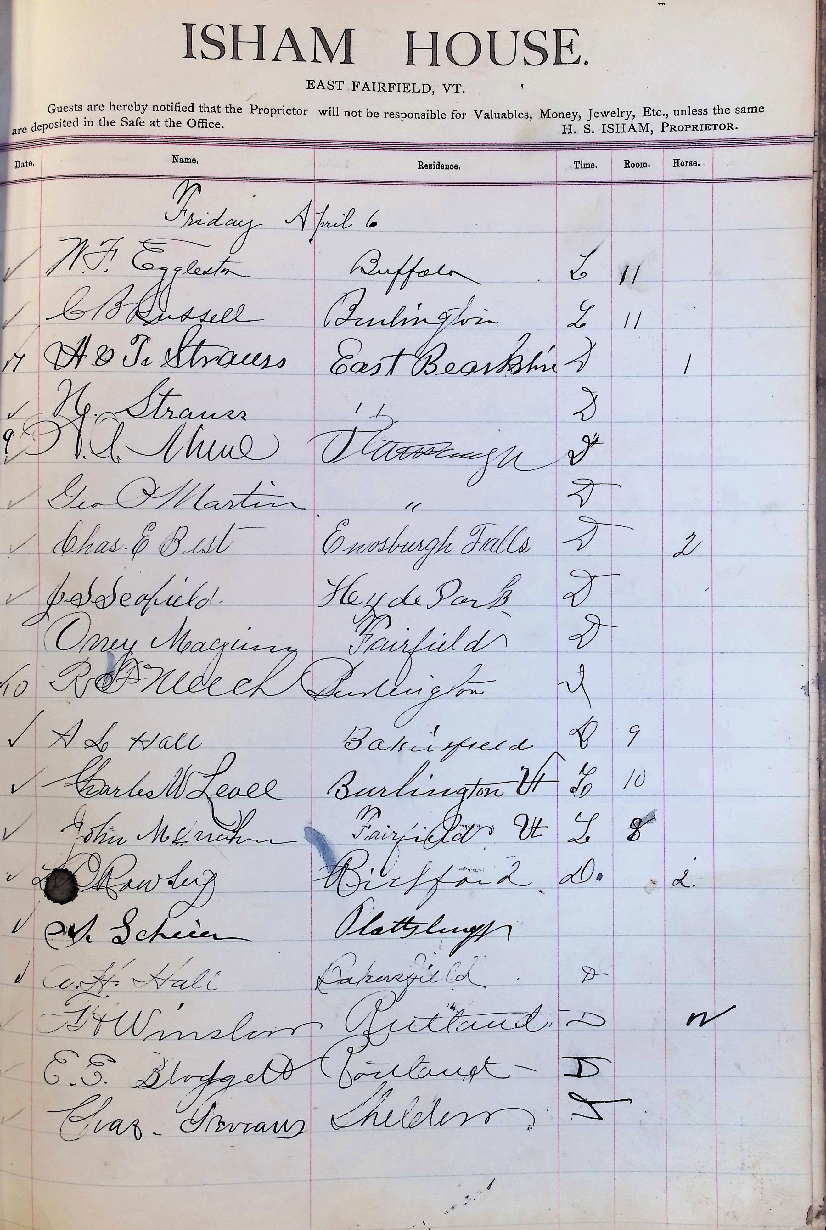 Isham Hotel register Vol. 3, Page 187