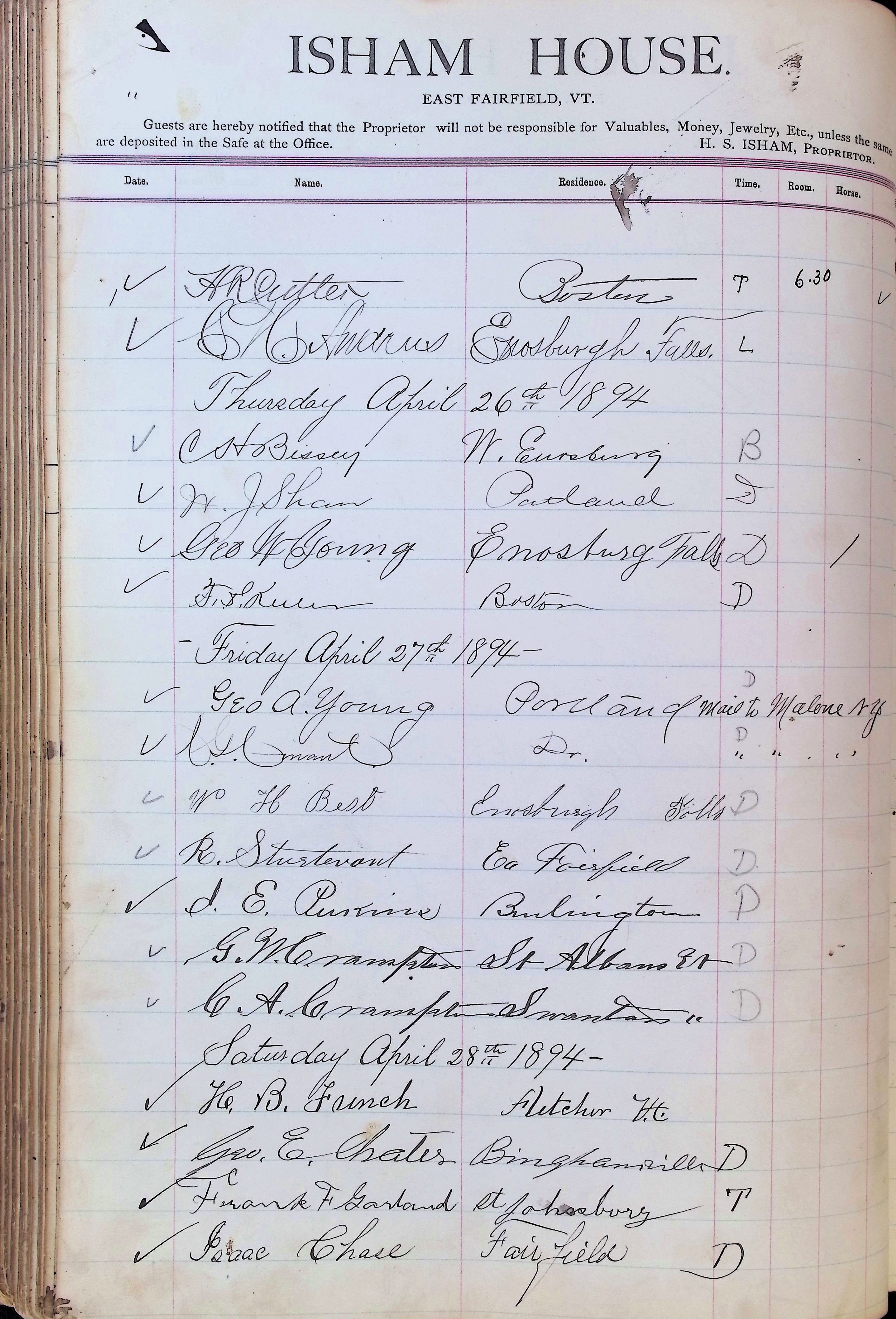 Isham Hotel register Vol. 3, Page 190