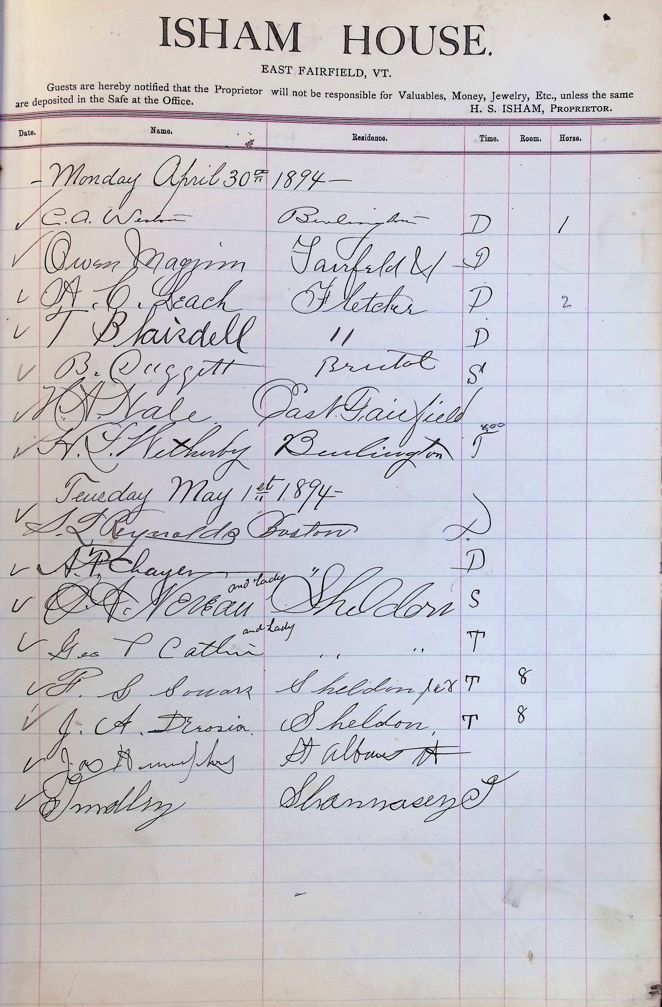 Isham Hotel register Vol. 3, Page 191