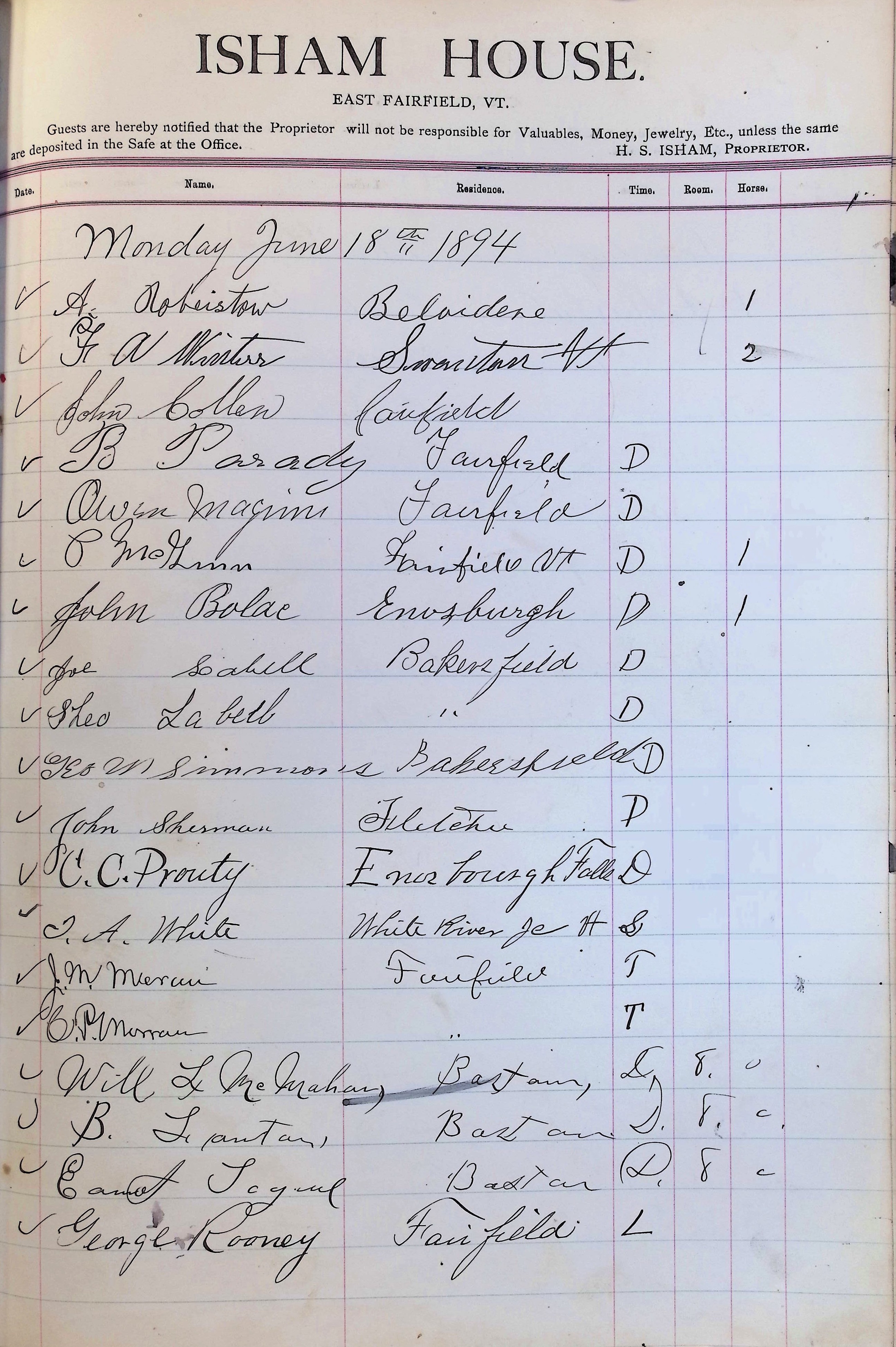 Isham Hotel register Vol. 3, Page 207