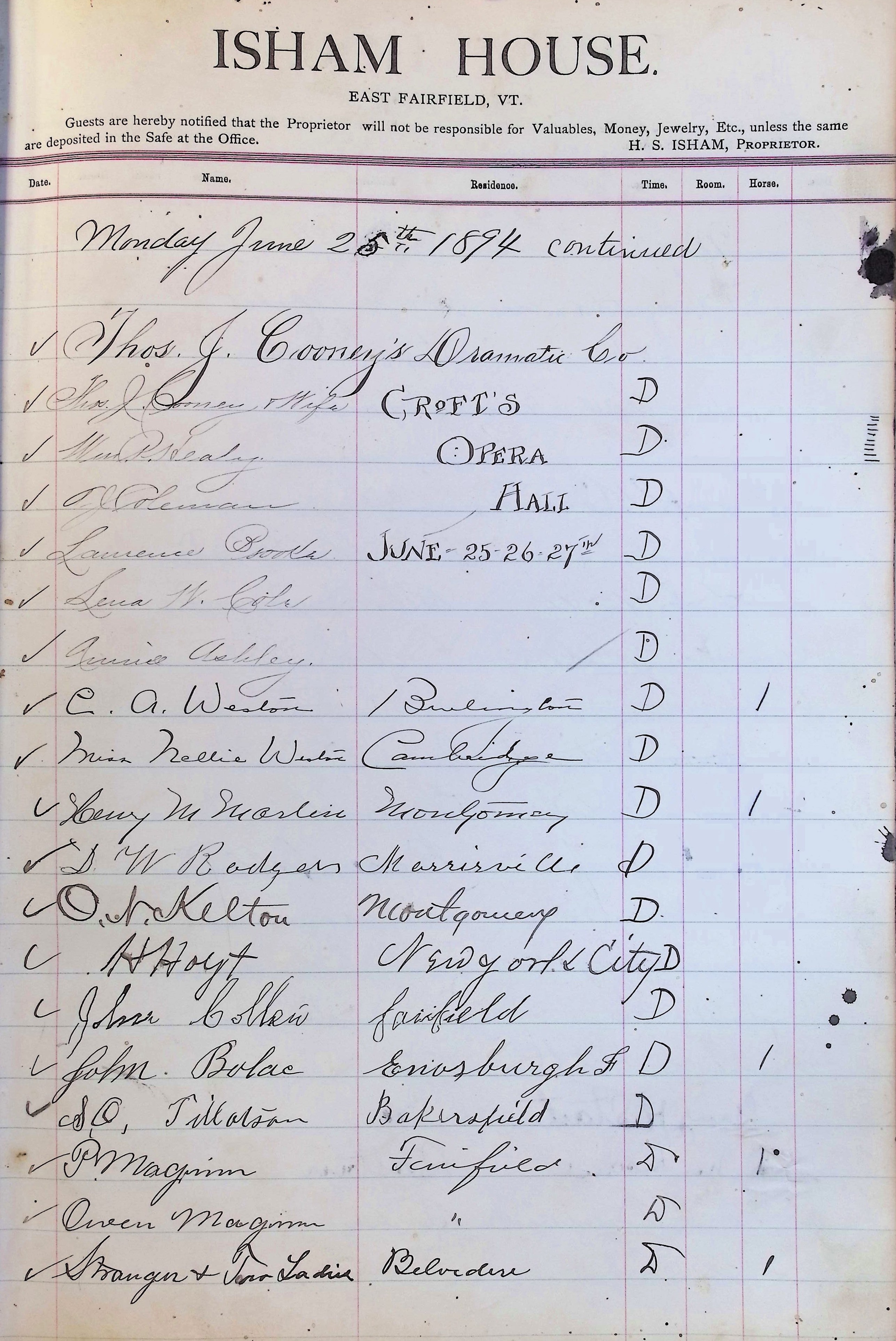 Isham Hotel register Vol. 3, Page 209