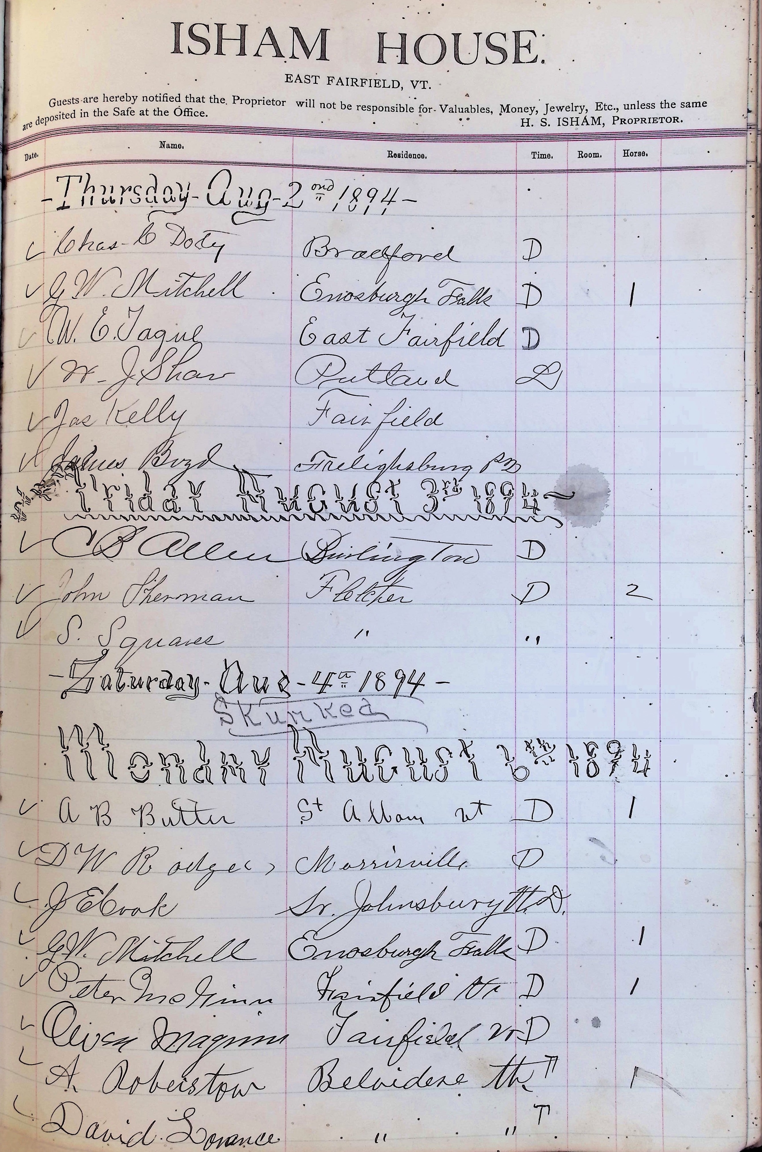 Isham Hotel register Vol. 3, Page 221