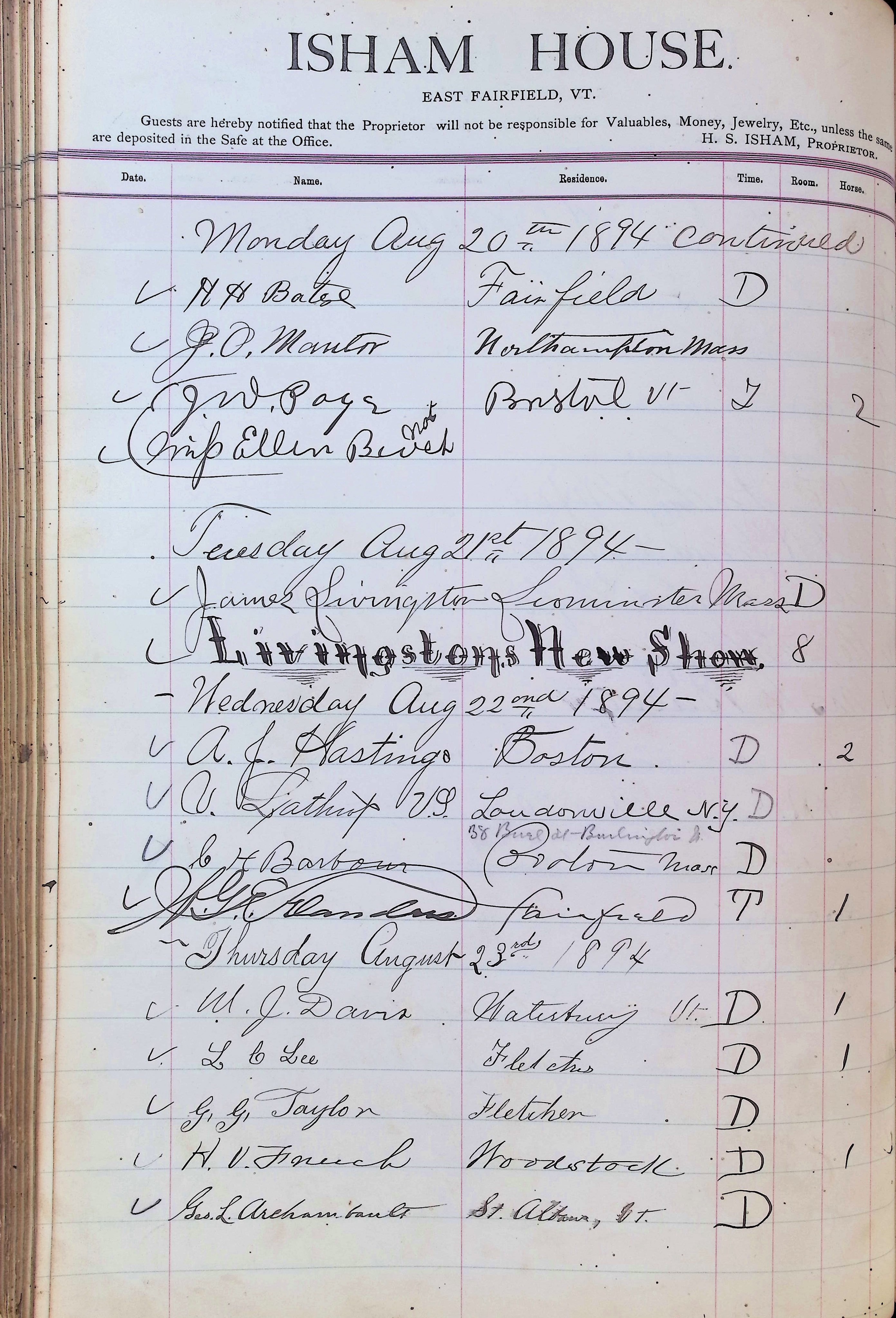 Isham Hotel register Vol. 3, Page 226