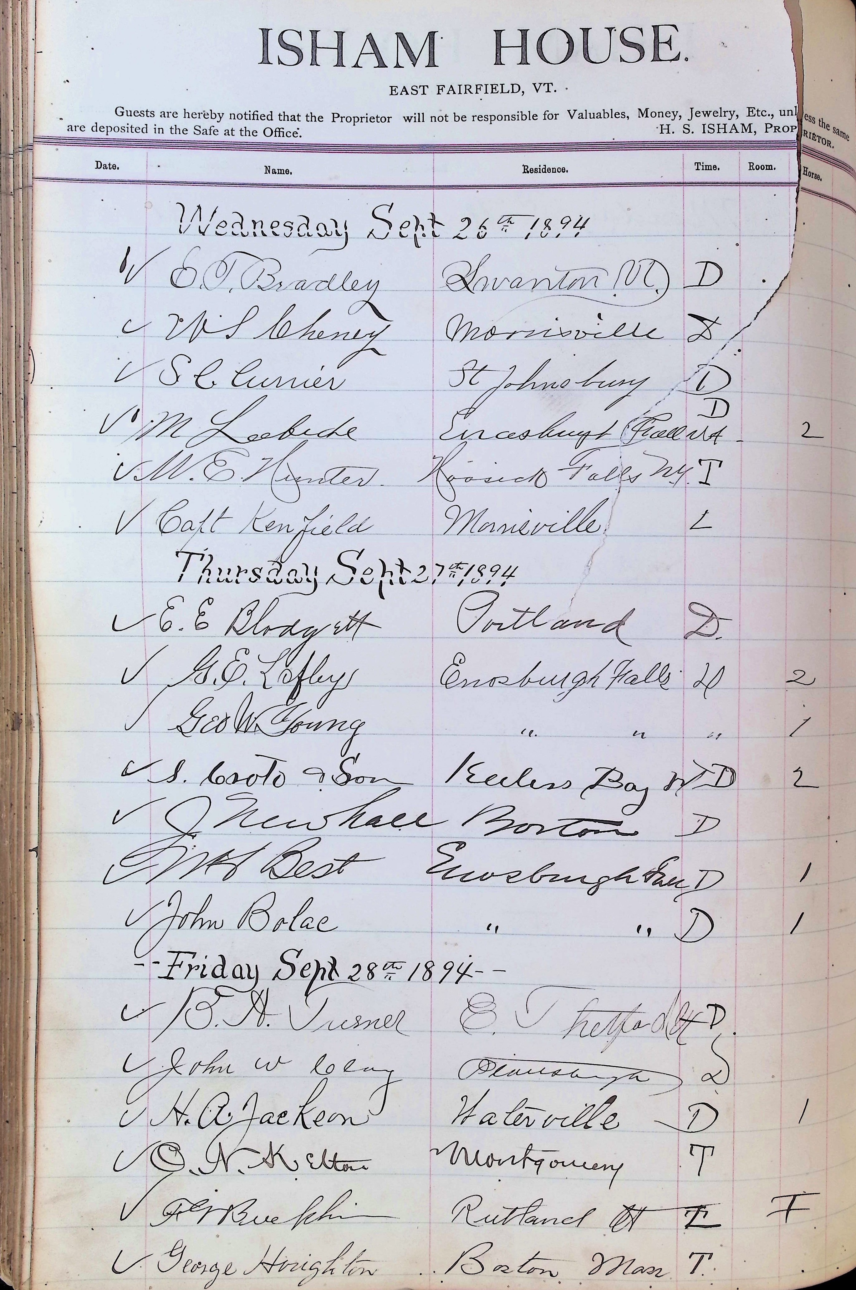 Isham Hotel register Vol. 3, Page 238