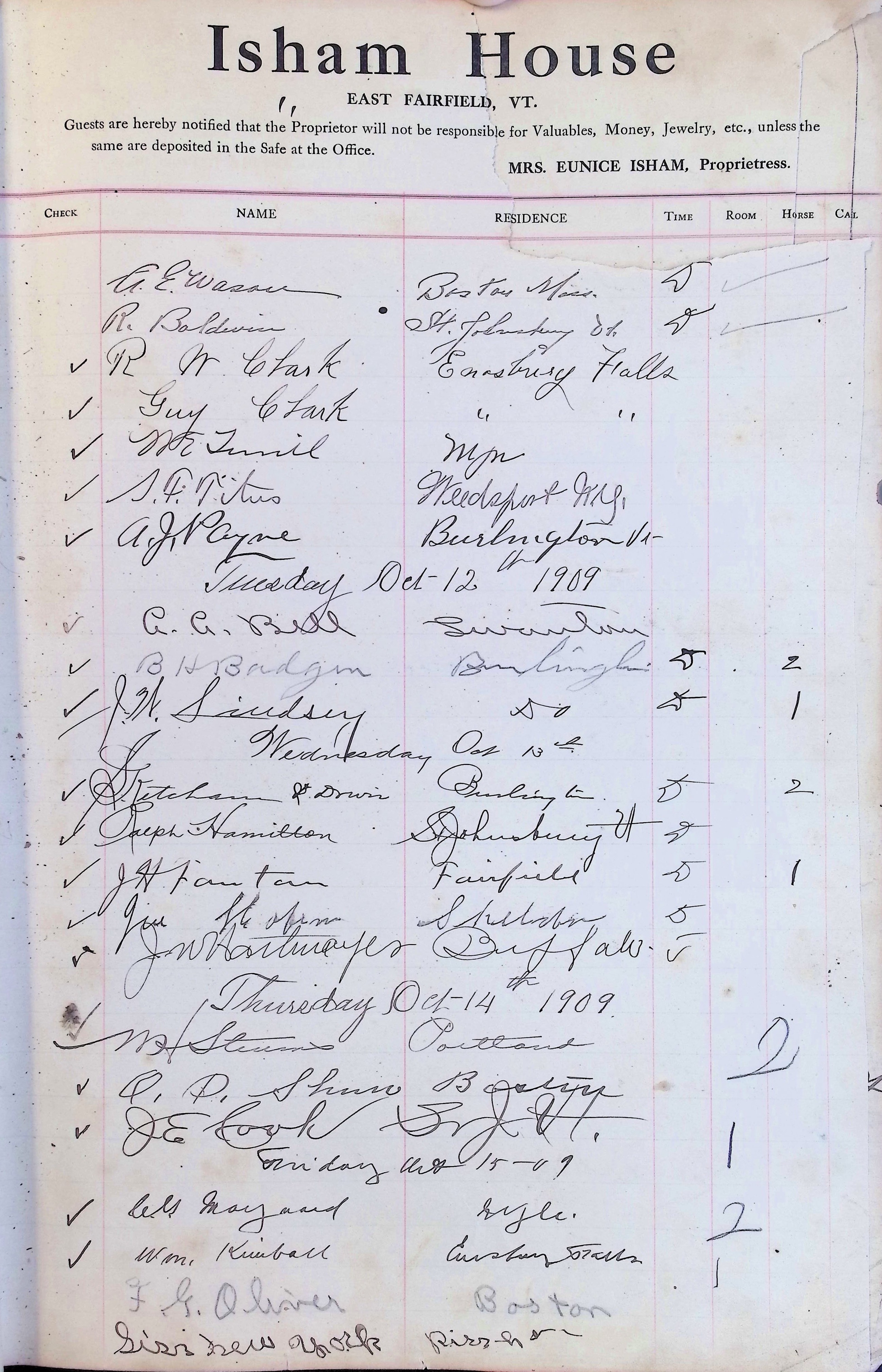 Isham Hotel register Vol. 4, Page 15
