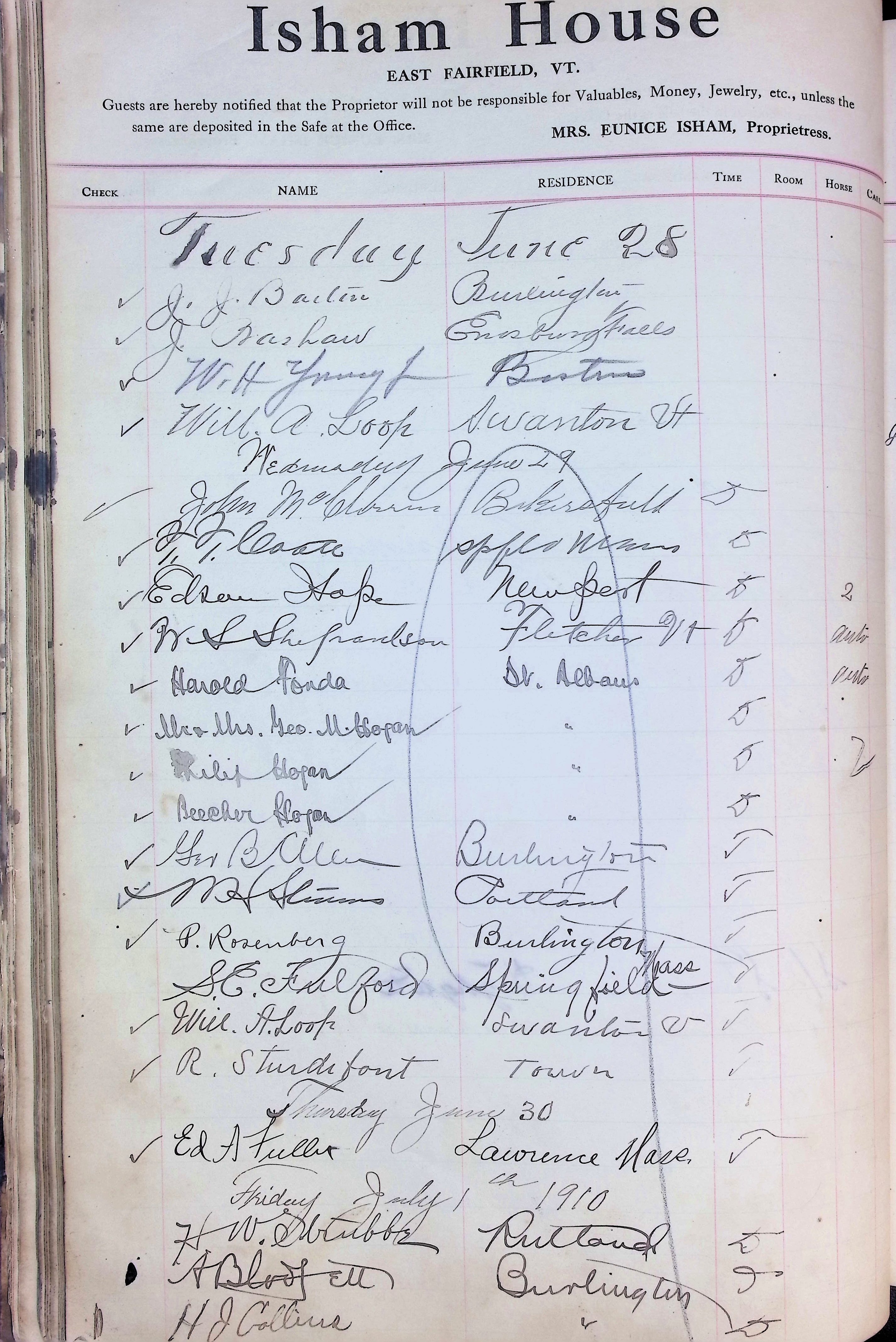Isham Hotel register Vol. 4, Page 54