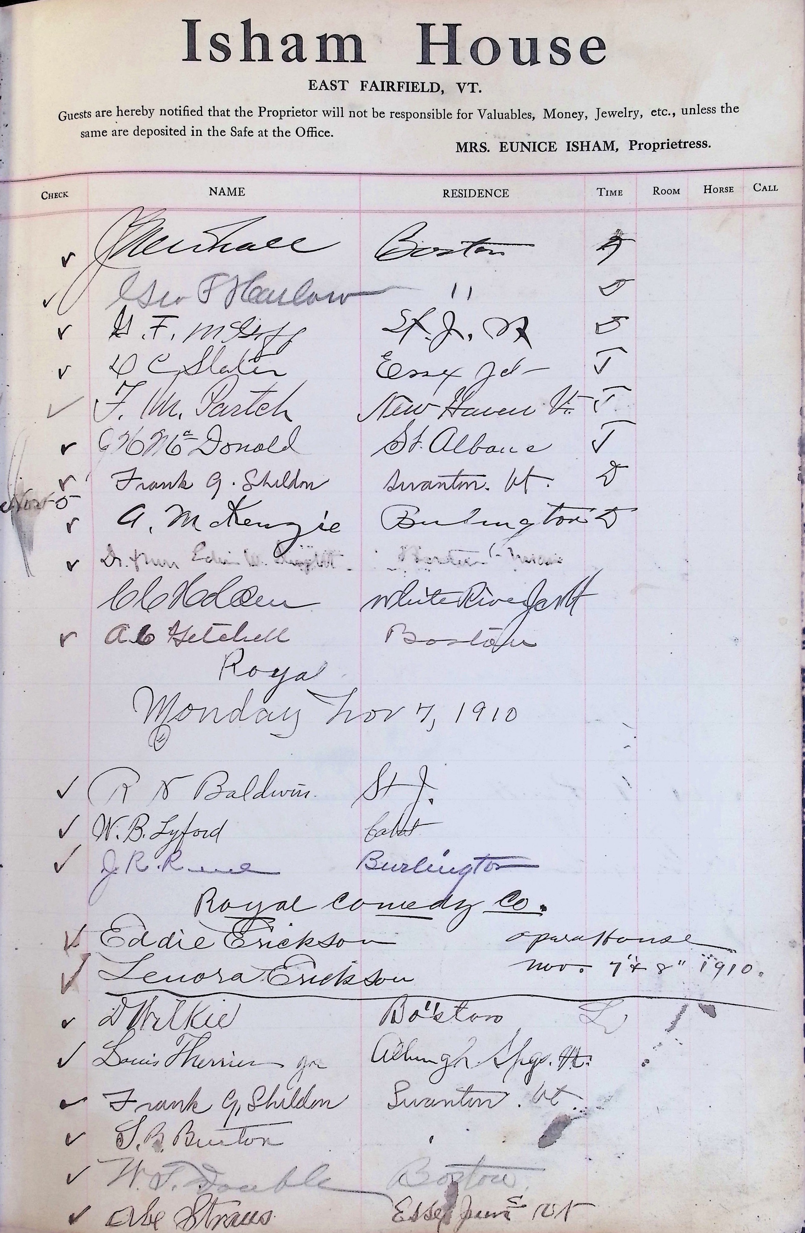 Isham Hotel register Vol. 4, Page 73