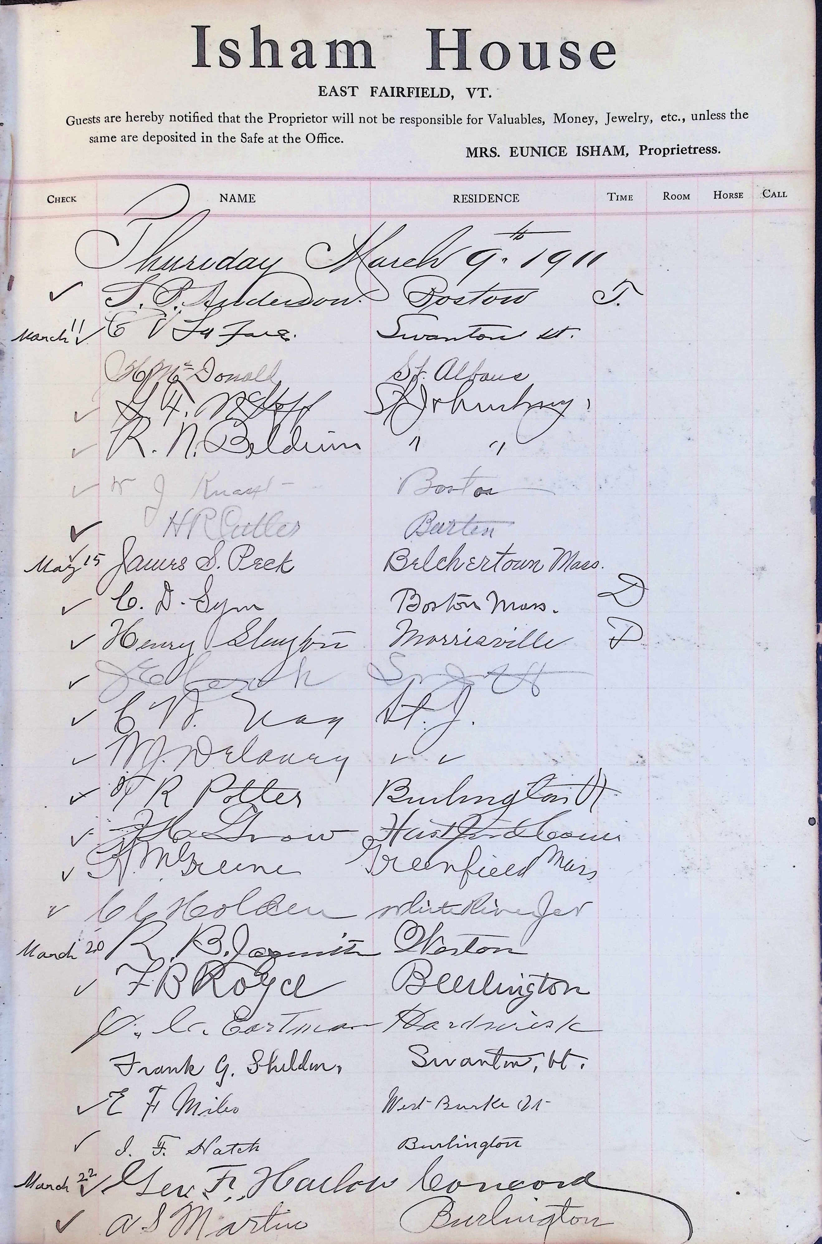 Isham Hotel register Vol. 4, Page 85