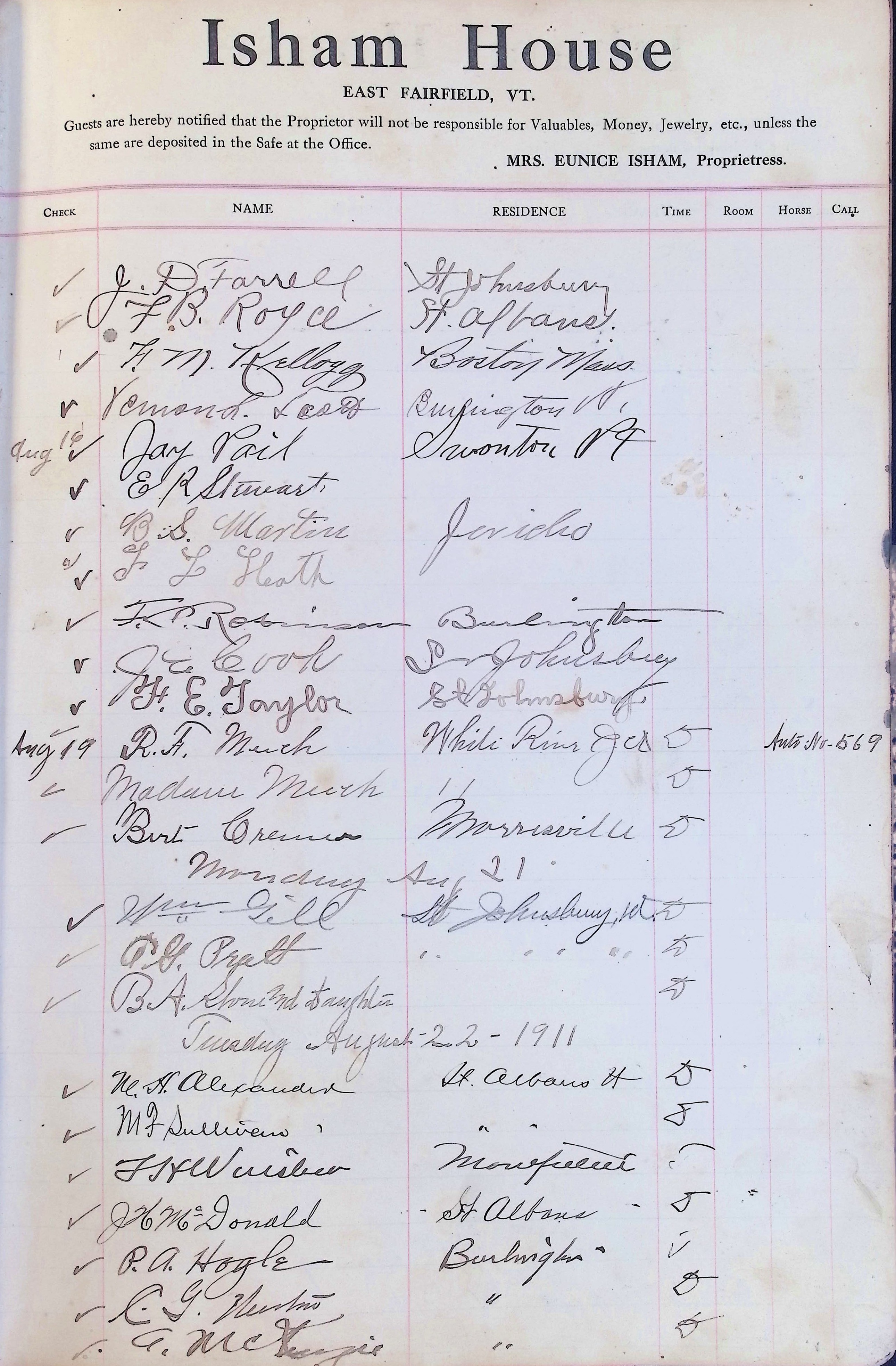 Isham Hotel register Vol. 4, Page 105