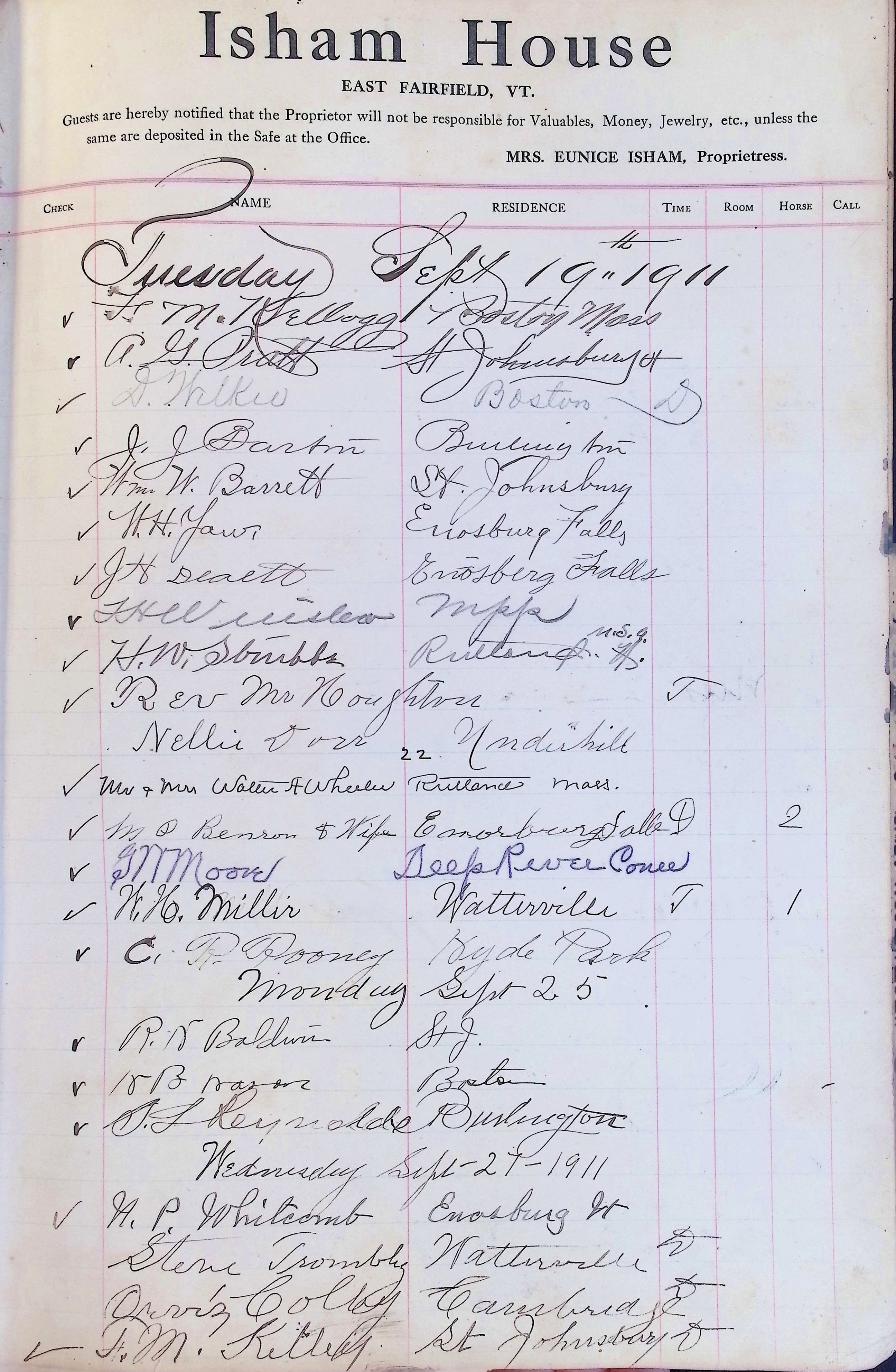 Isham Hotel register Vol. 4, Page 109