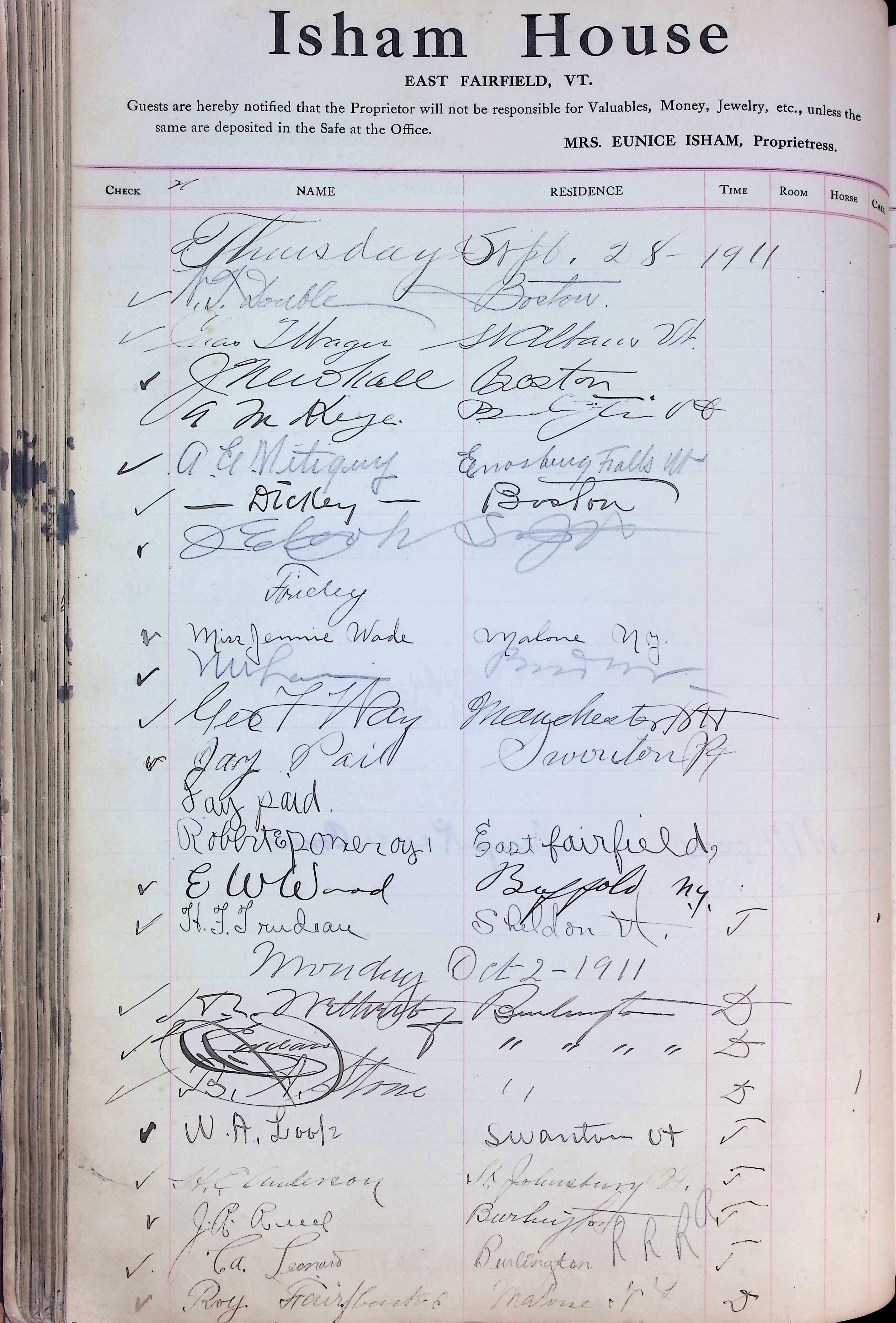 Isham Hotel register Vol. 4, Page 110