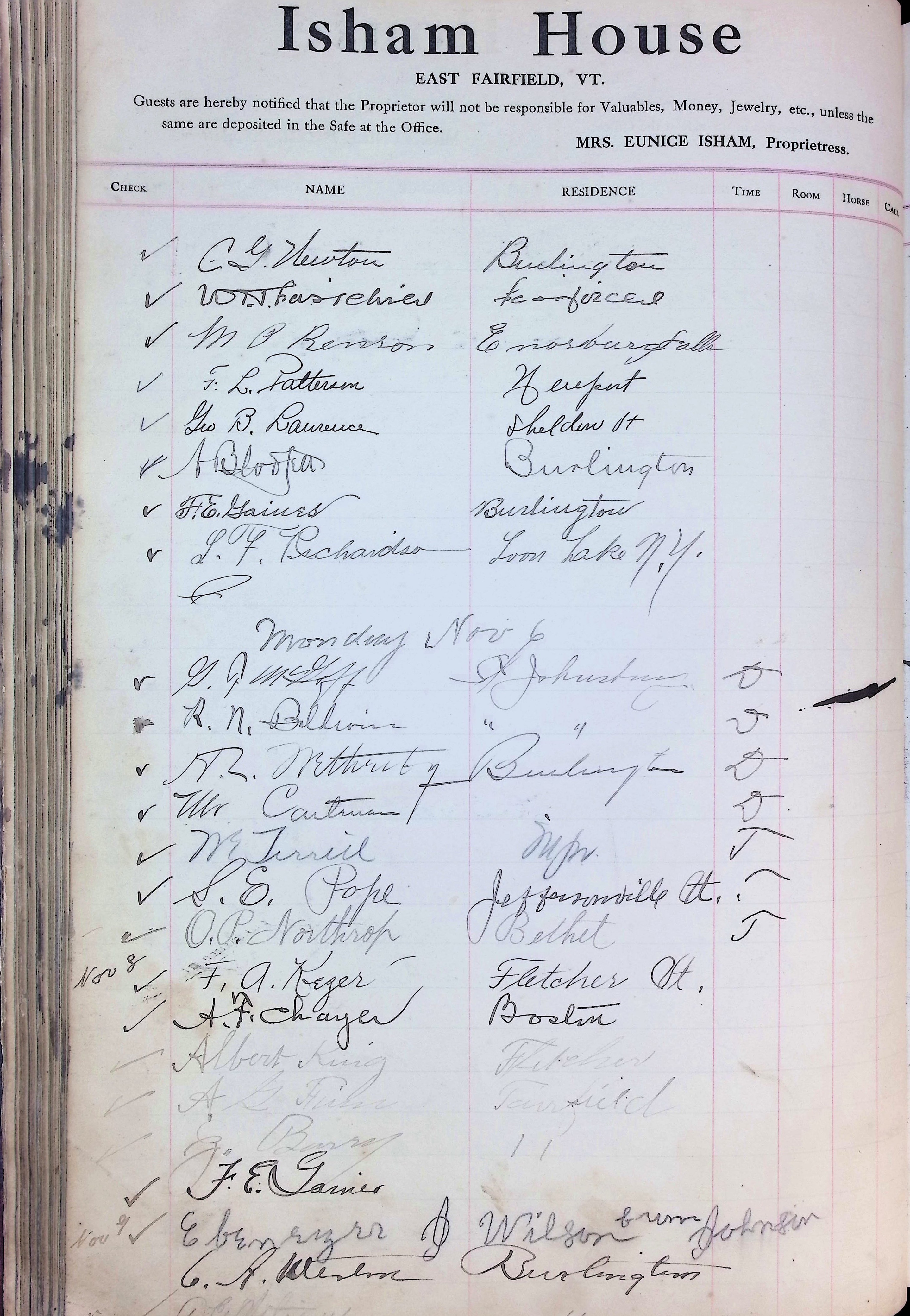 Isham Hotel register Vol. 4, Page 116