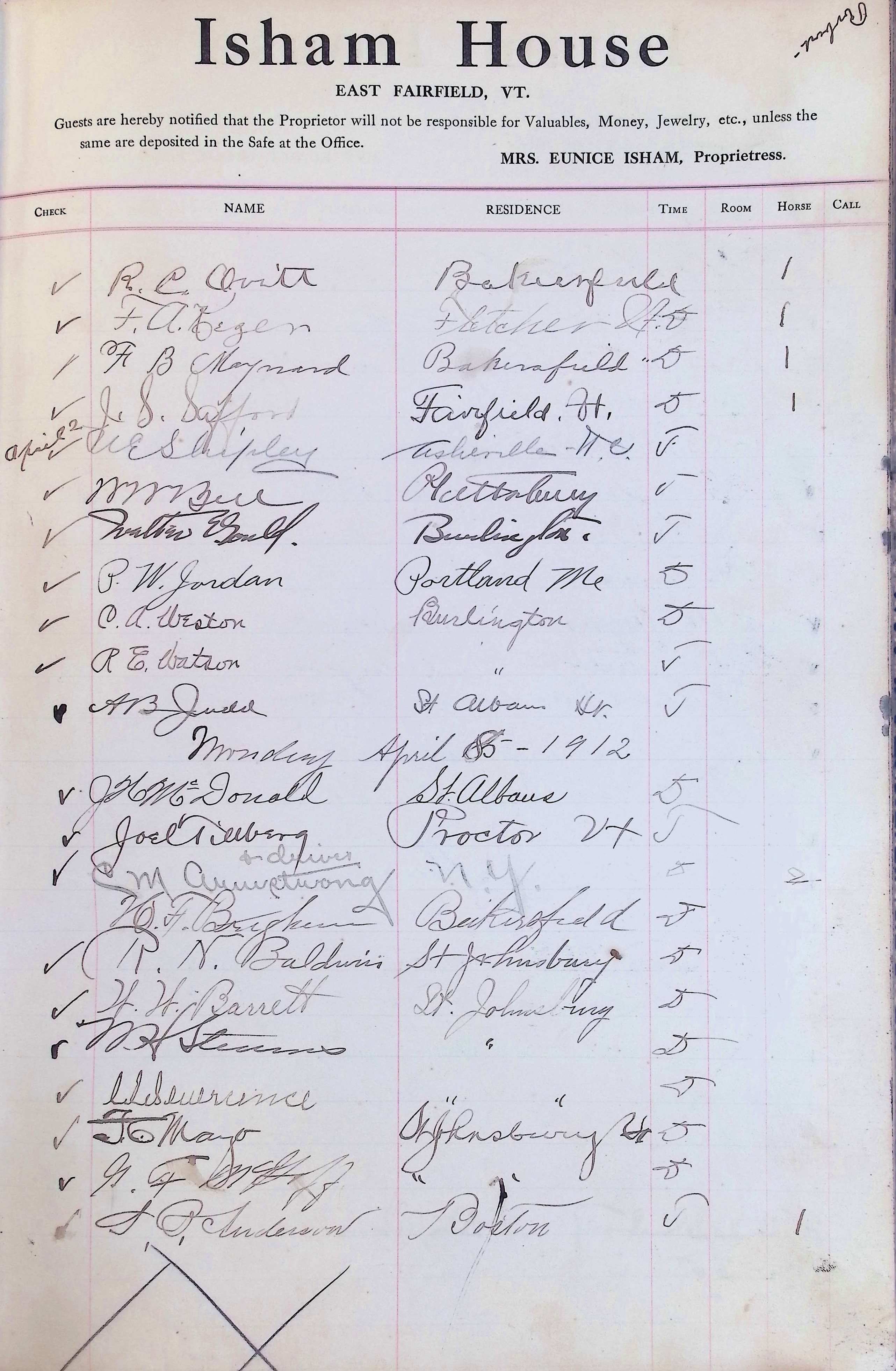 Isham Hotel register Vol. 4, Page 133