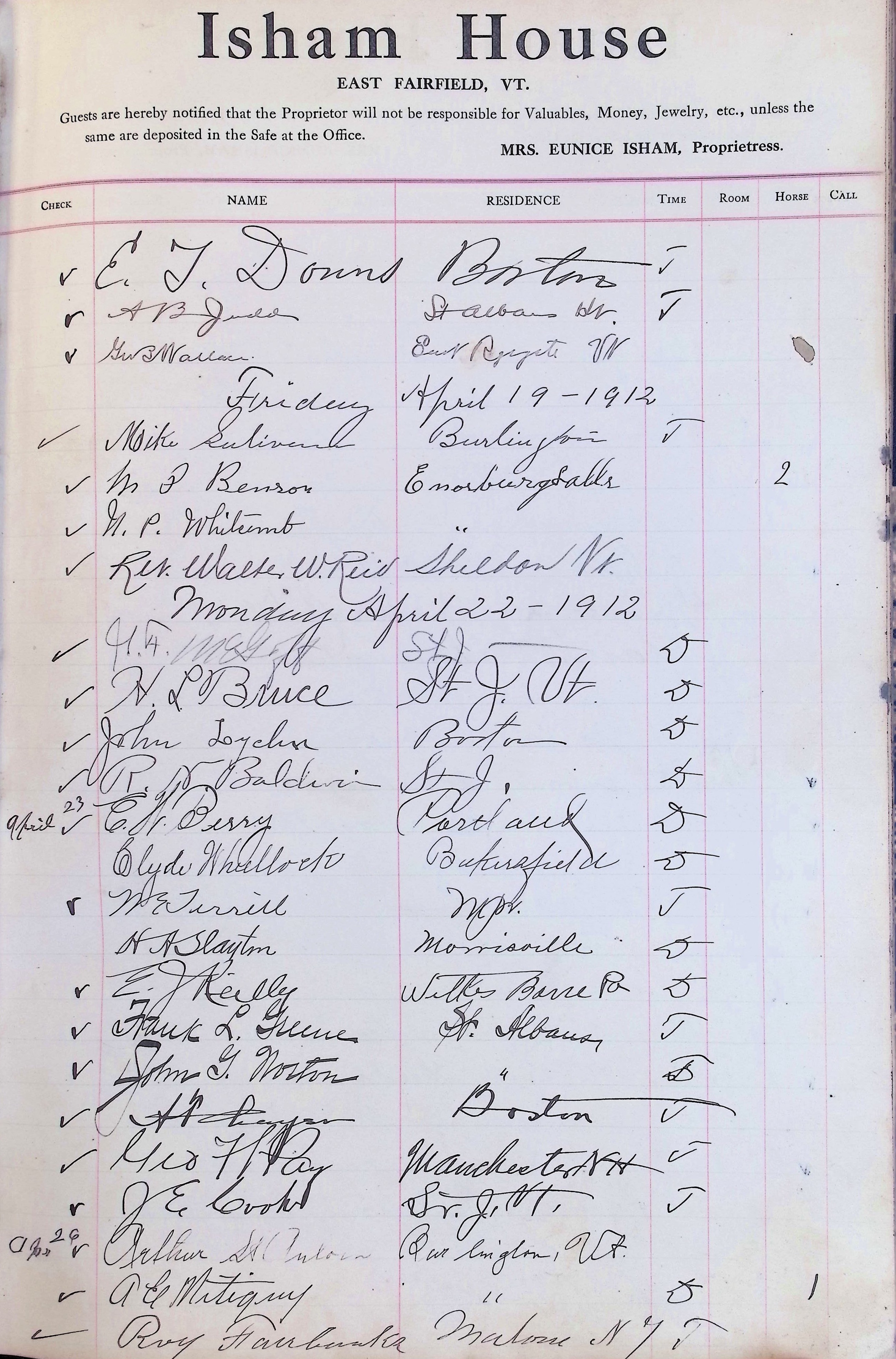 Isham Hotel register Vol. 4, Page 134