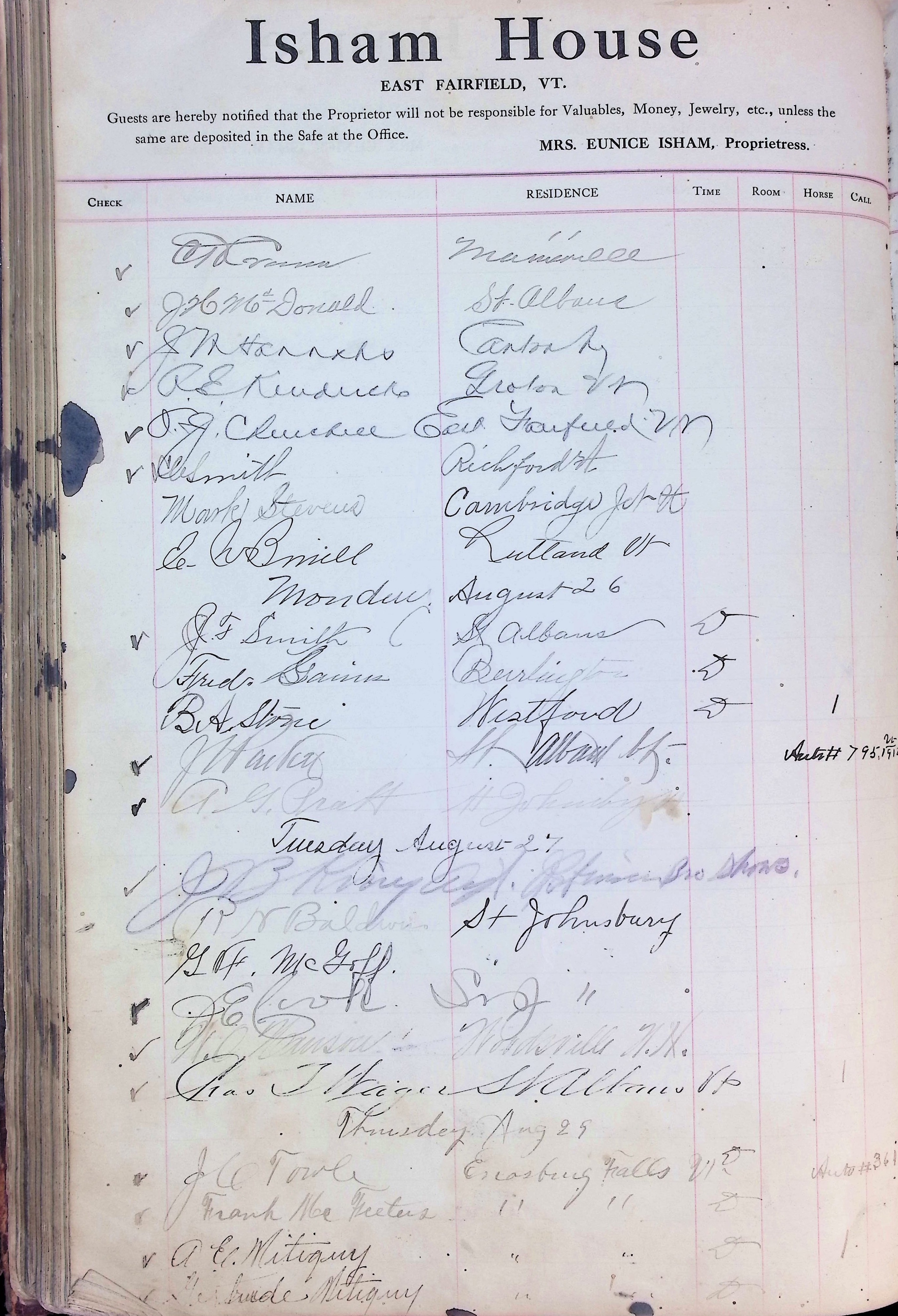 Isham Hotel register Vol. 4, Page 151