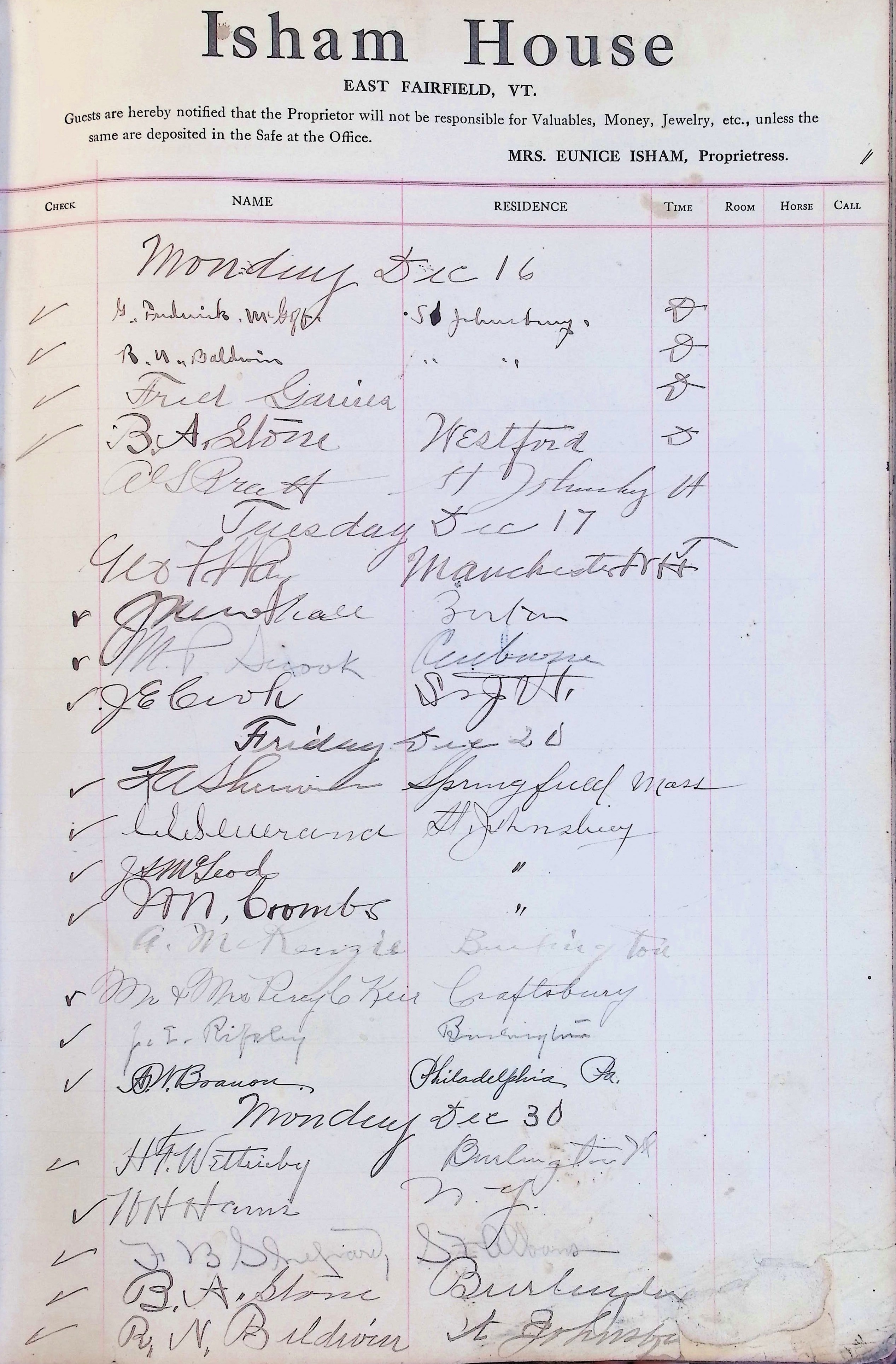 Isham Hotel register Vol. 4, Page 164